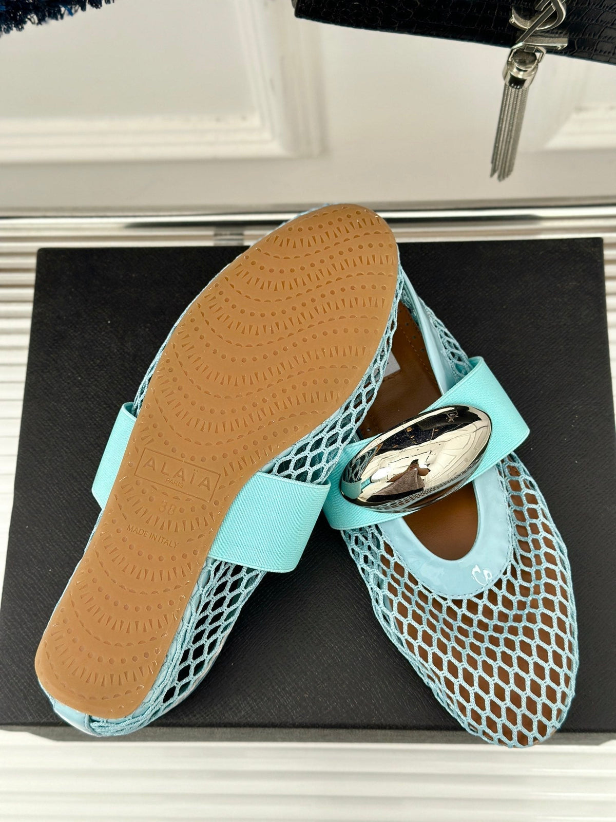 ALAIA MARY JANE SHOES IN SKY BLUE MESH WITH SILVER HARDWARE