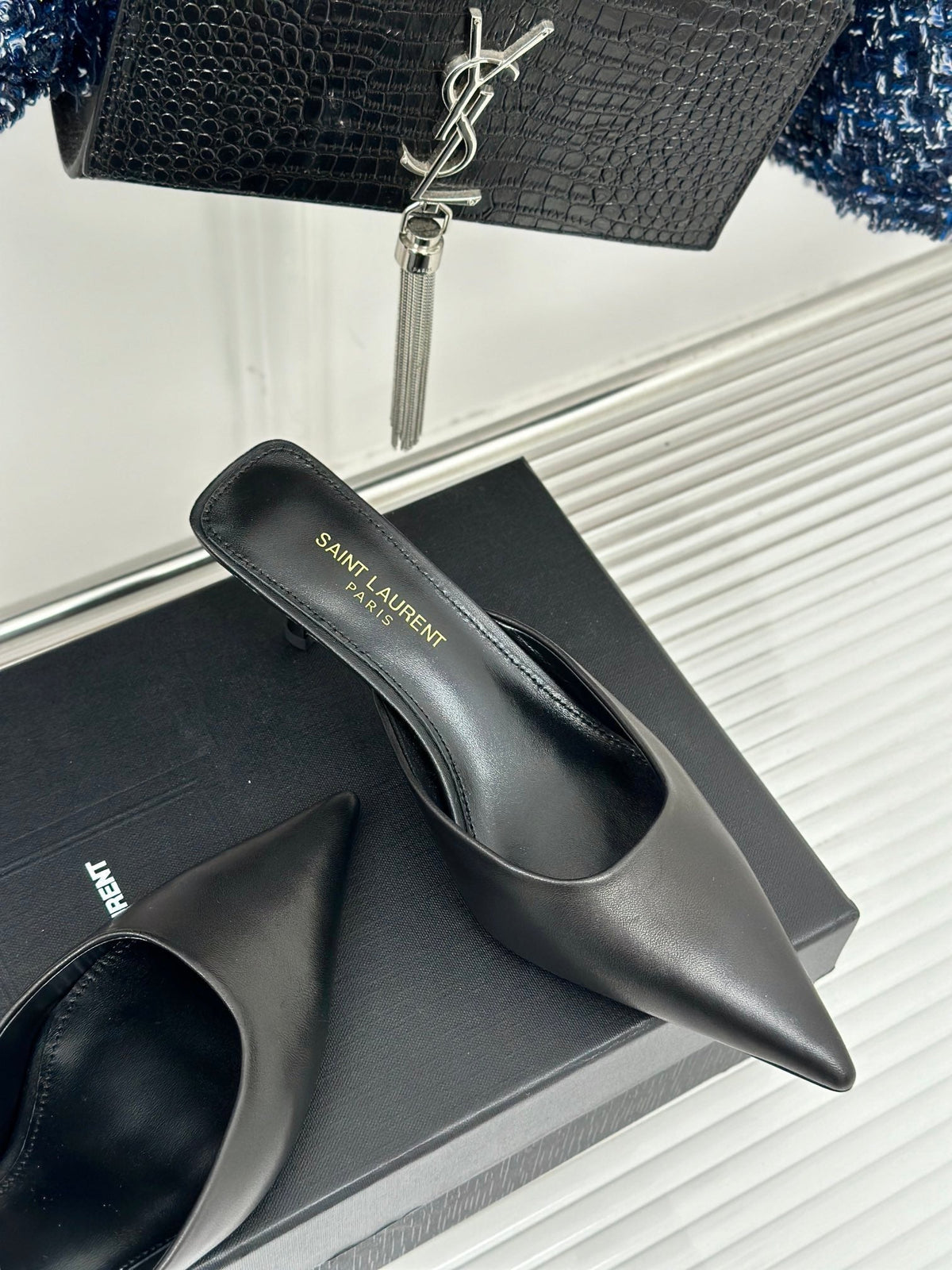 SL BARBARA MULES 55 BLACK CALFSKIN