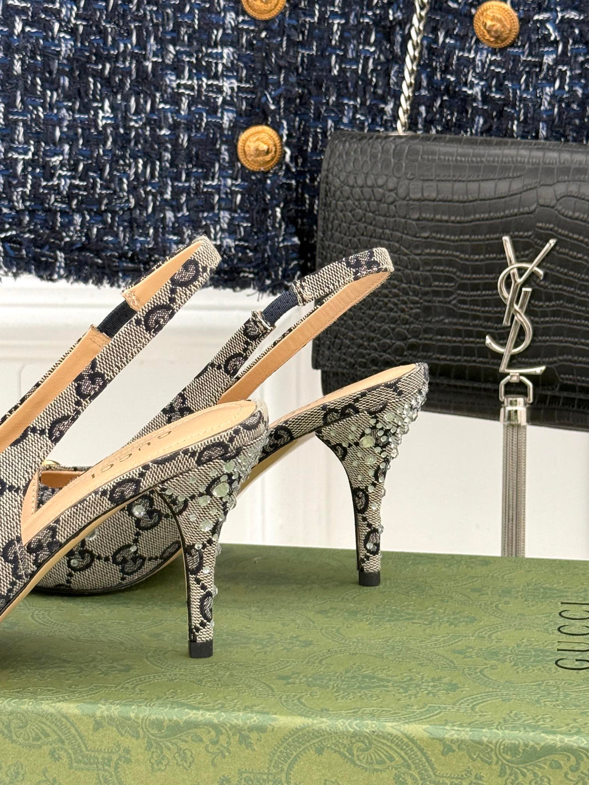 GG Horsebit Slingback 85MM Beige Black Monogram Canvas Point Toe Crystal-Embellished