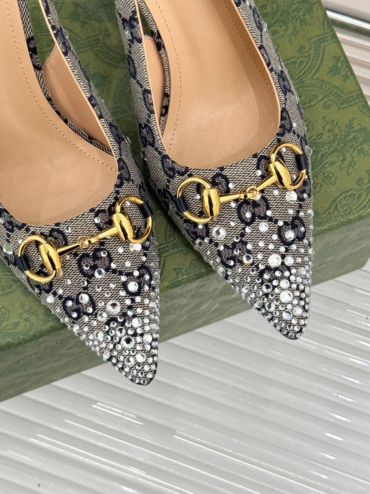 GG Horsebit Slingback 85MM Beige Black Monogram Canvas Point Toe Crystal-Embellished