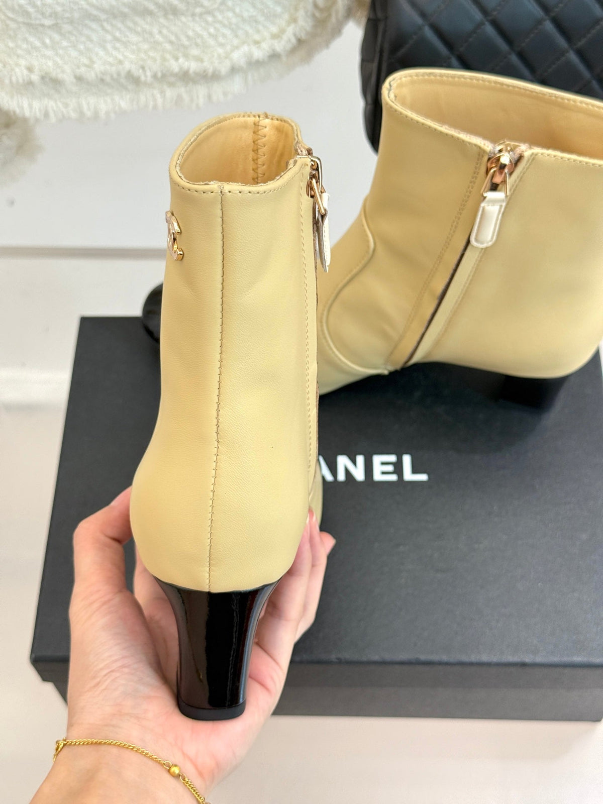 Chanel Double C Colorblock Heel Boot Beige Sheepskin 465414