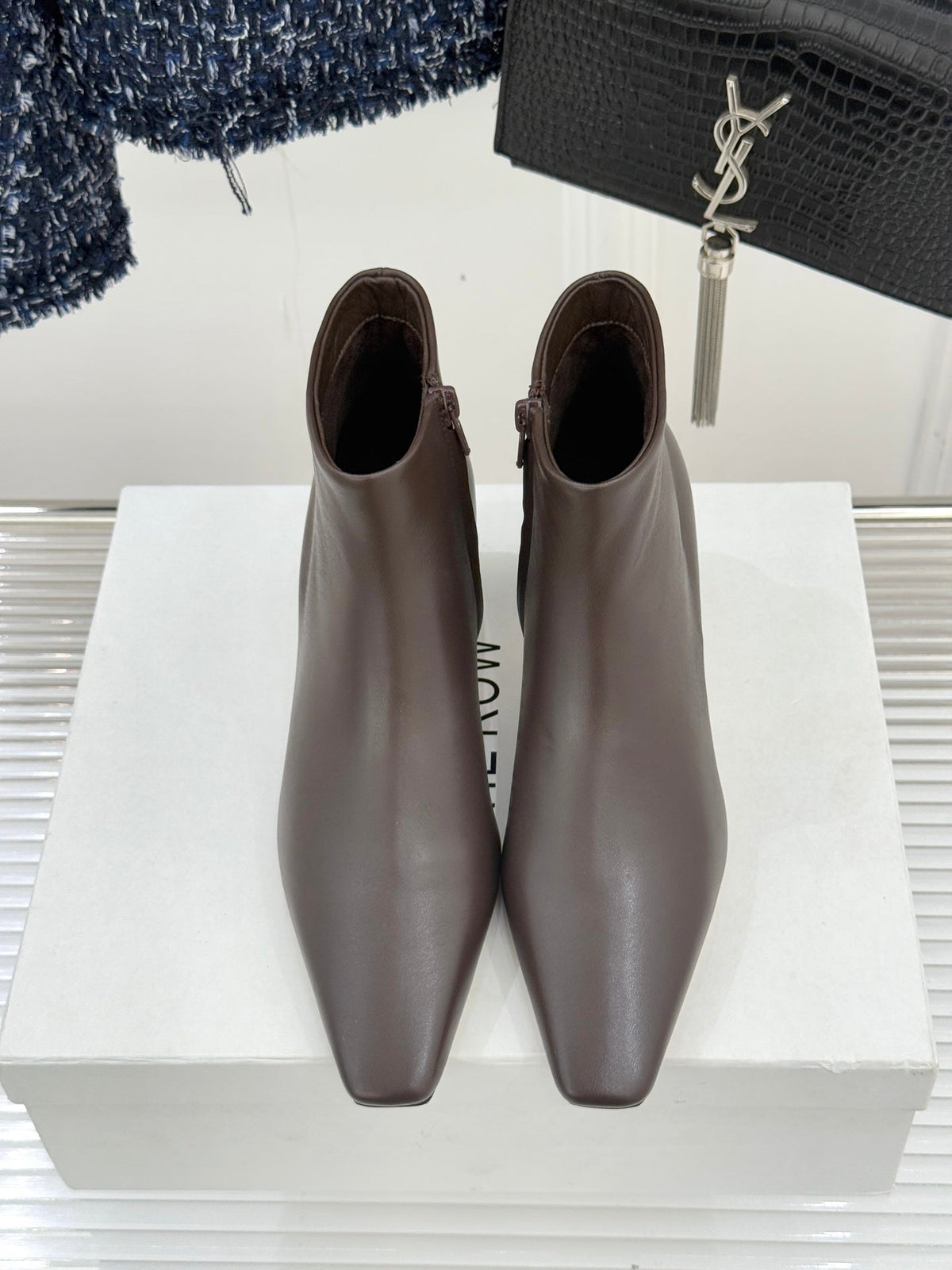 The Row 2025  Square Toe Kitten Heel Ankle Boot Dark Brown Sheepskin 572048