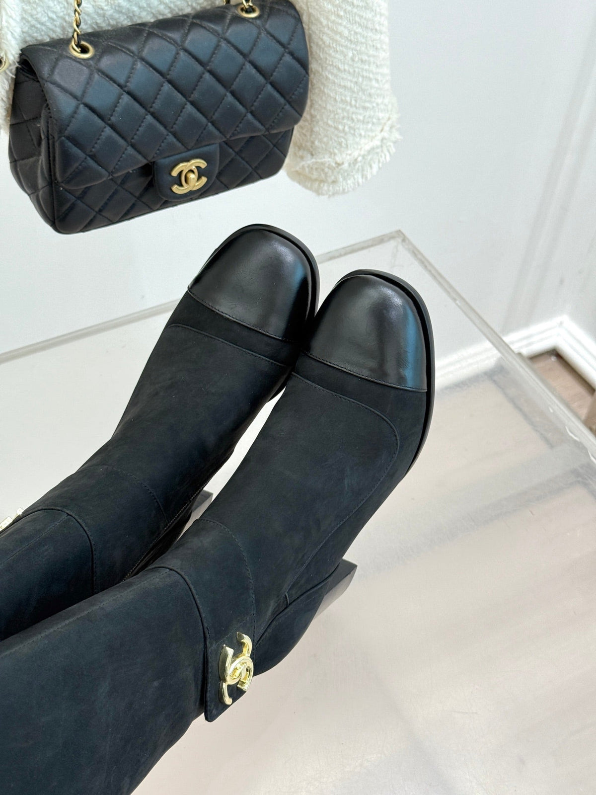 Chanel 2026 Double C Knee-High Boots 80mm Suede Leather 188646