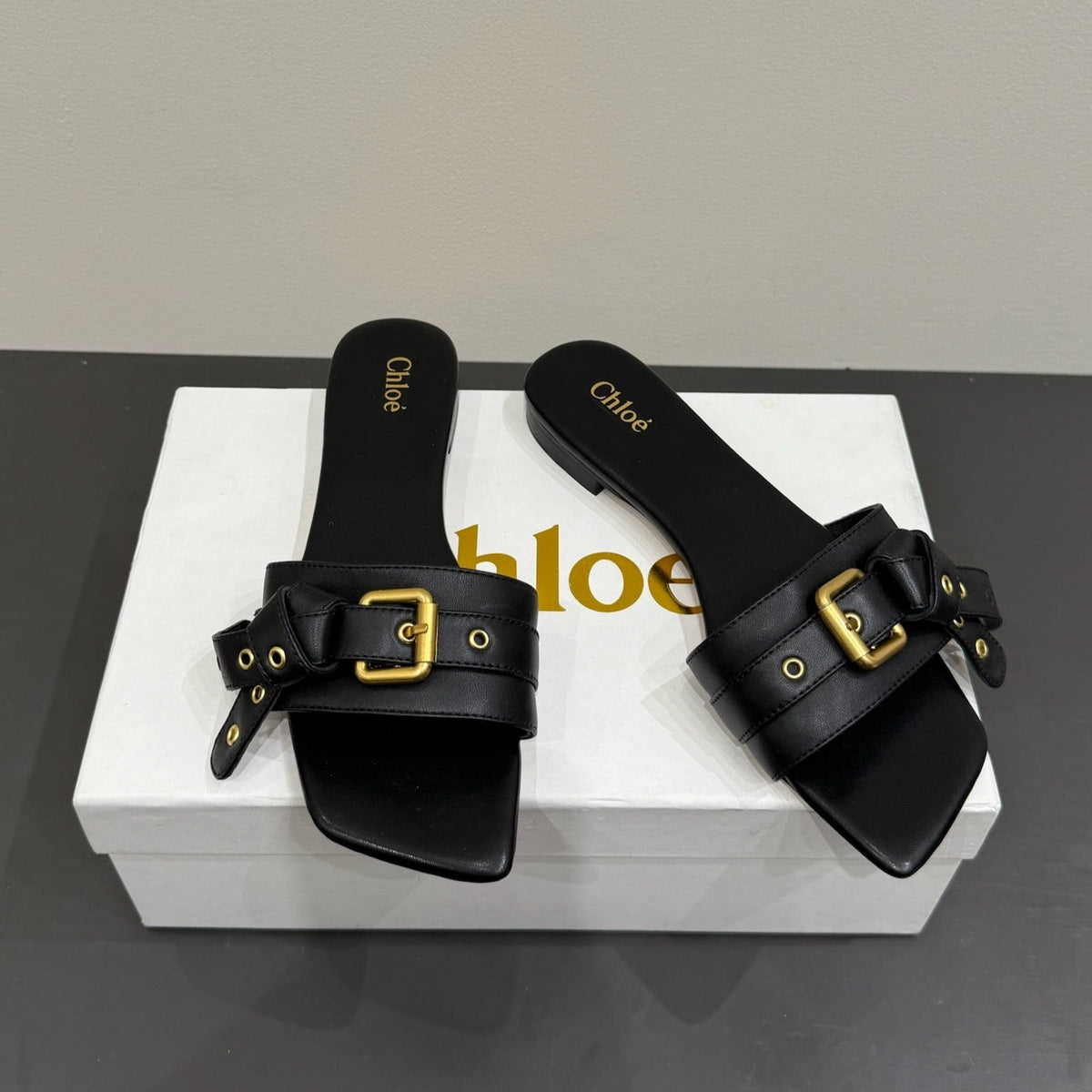 Loewe 25 Bow Metal Buckle Slide Black Cowhide