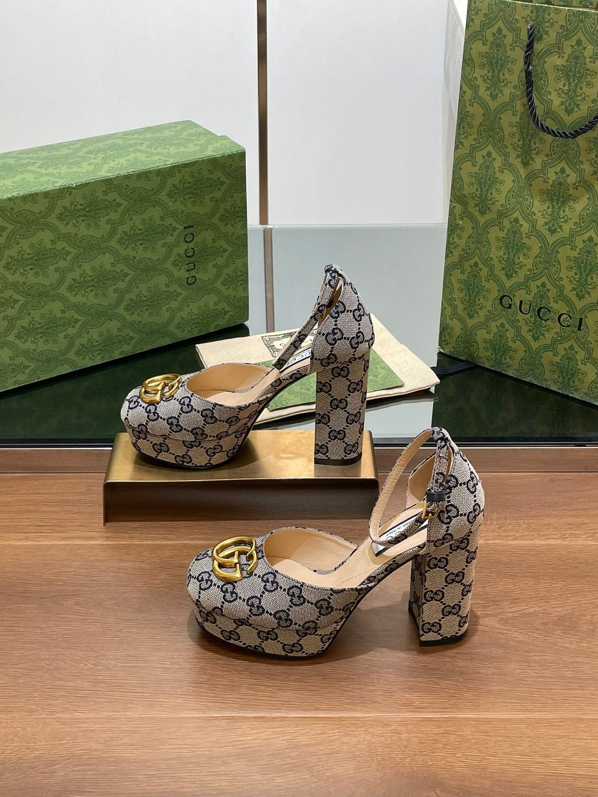 GG HIGH SANDAL 11.5 CM IN BLACK MIX BEIGE MONOGRAM JACQUARD FABRIC
