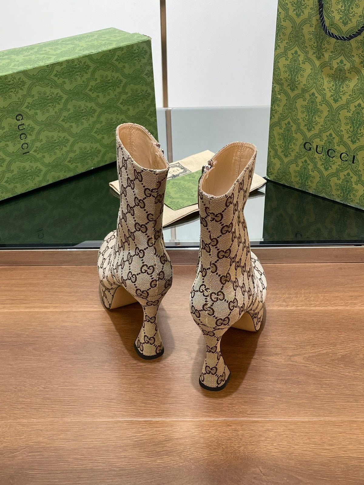 GG HIGH SANDAL 11.5 CM IN CAMEL BROWN MONOGRAM JACQUARD FABRIC