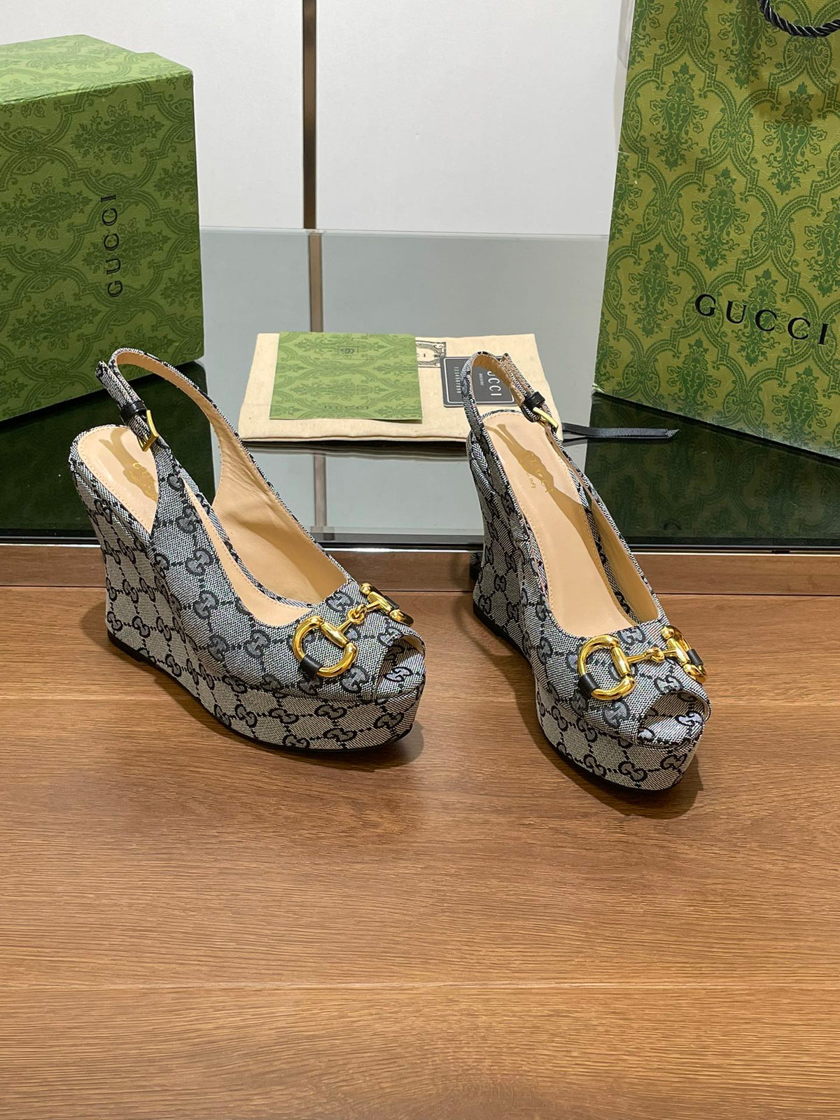 GG WEDGE PLATFORM IN STEEL GREY MONOGRAM JACQUARD FABRIC