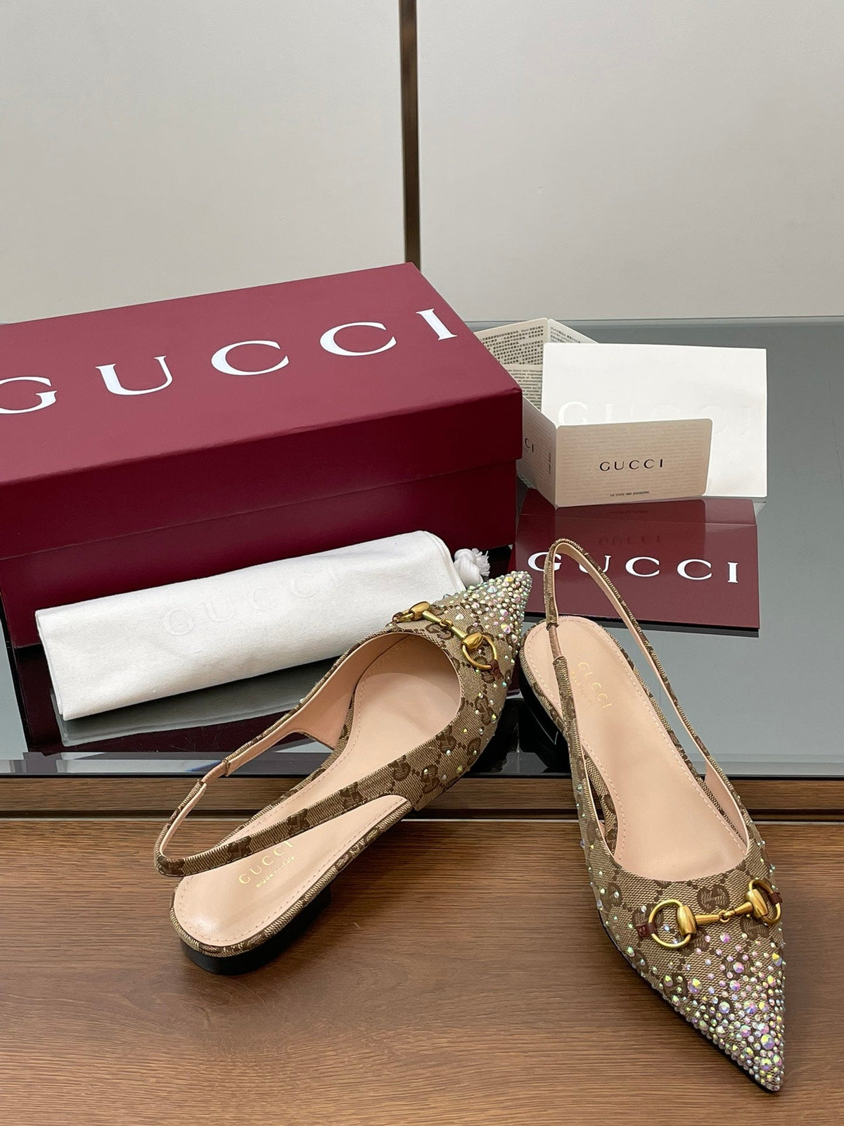 GG Horsebit Slingback Flat Beige Ebony Monogram Canvas Point Toe Crystal-Embellished