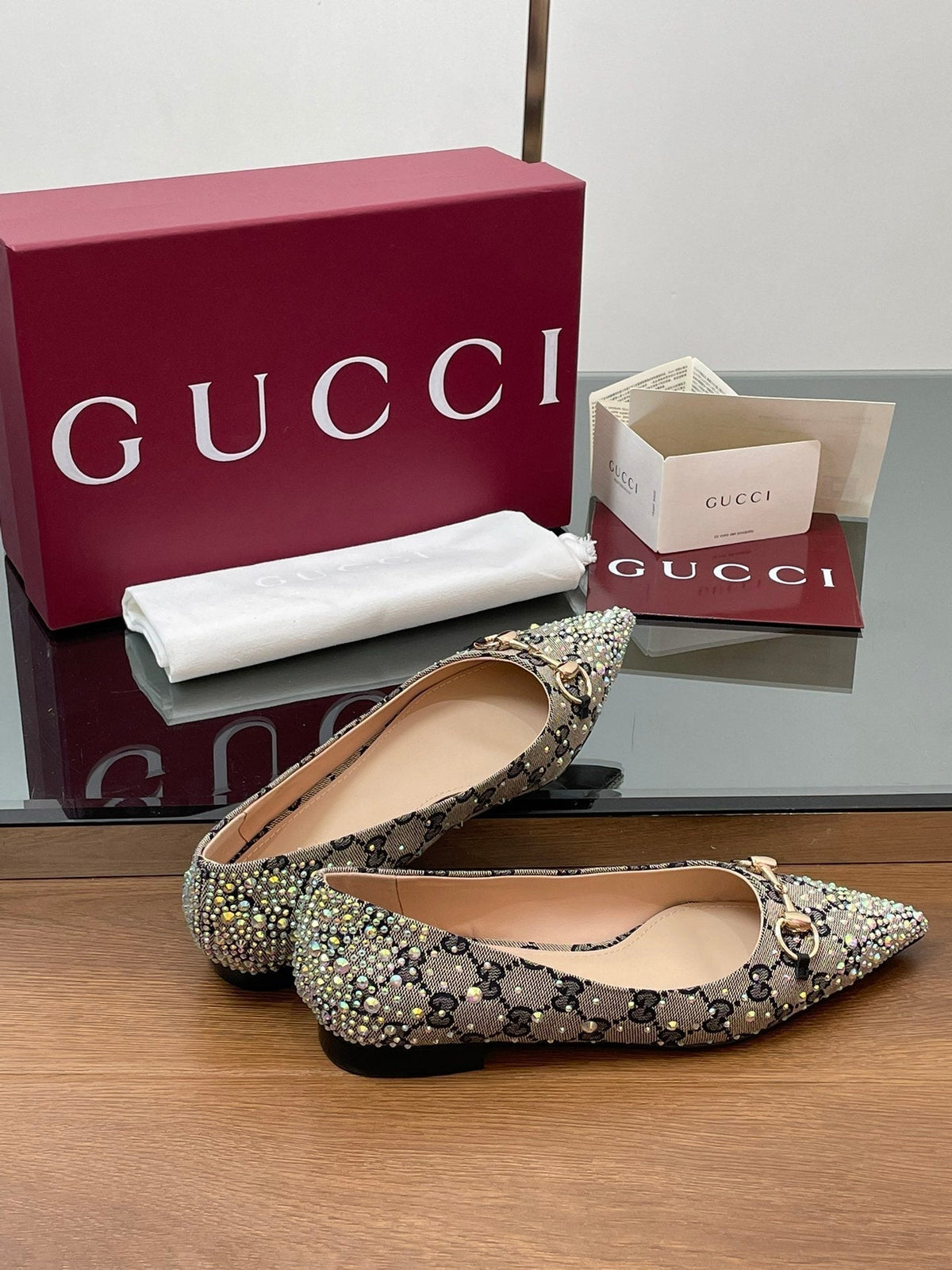 GG Horsebit Ballet Flat Beige Black Monogram Canvas Crystal-Embellished