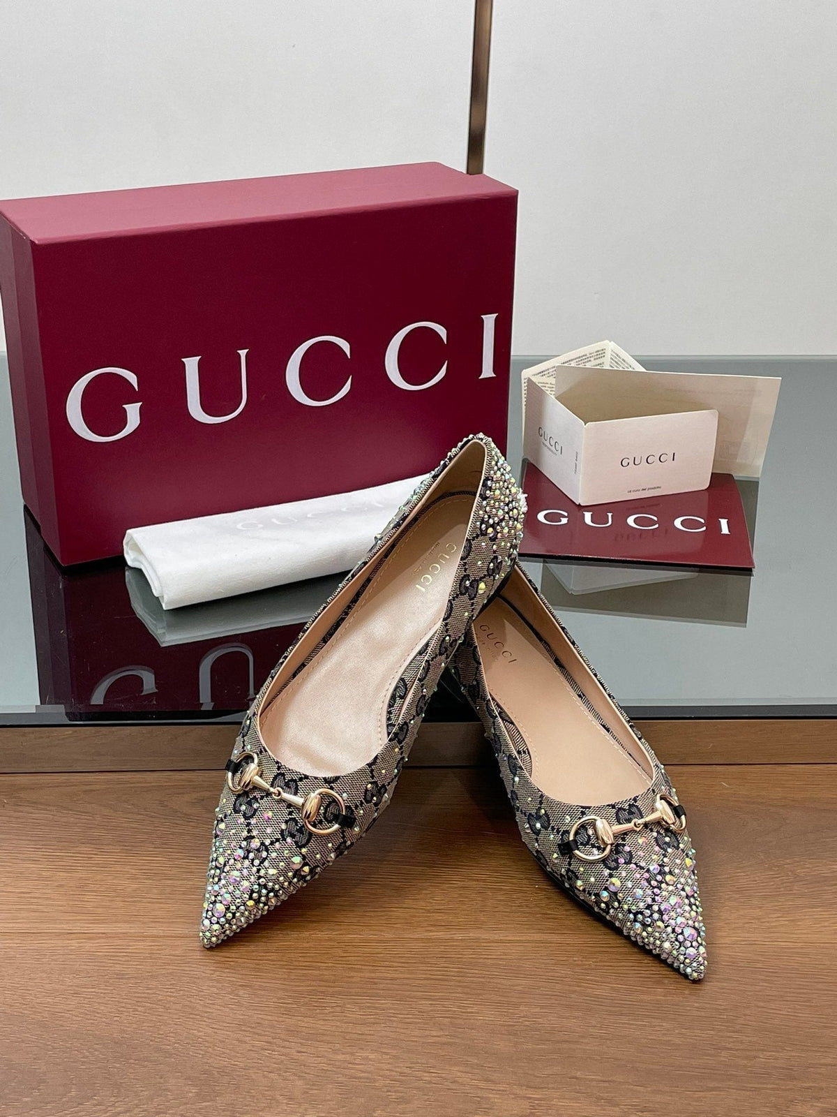 GG Horsebit Ballet Flat Beige Black Monogram Canvas Crystal-Embellished