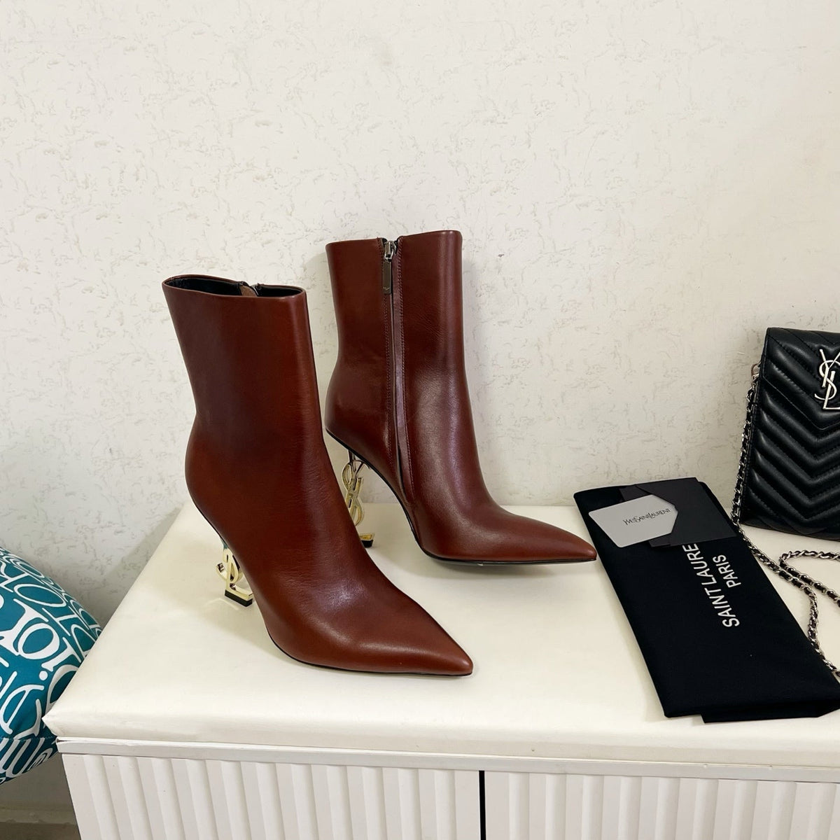 YSL 2025 Logo Metal Heel Ankle Boot Brown Cowhide 575004