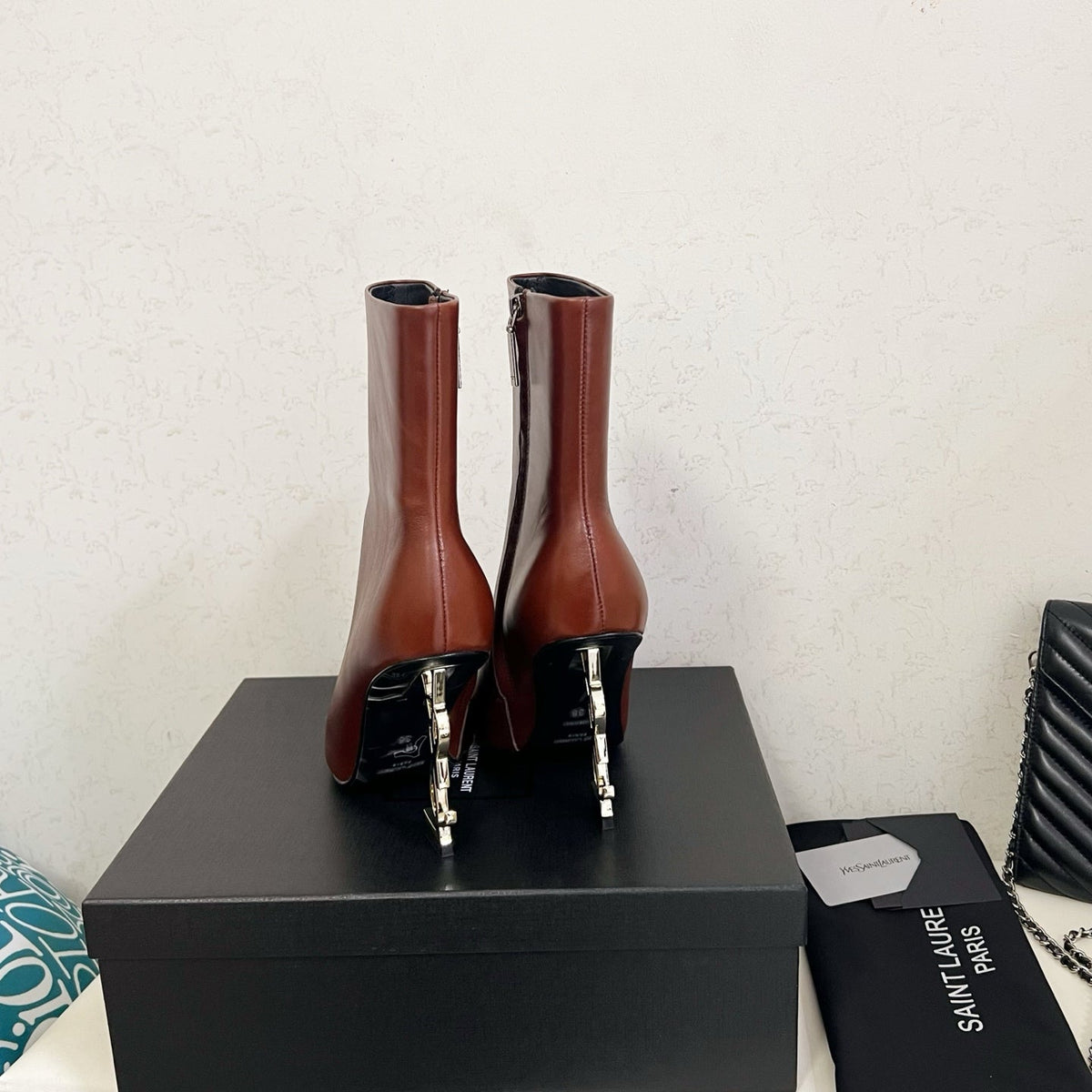 YSL 2025 Logo Metal Heel Ankle Boot Brown Cowhide 575004