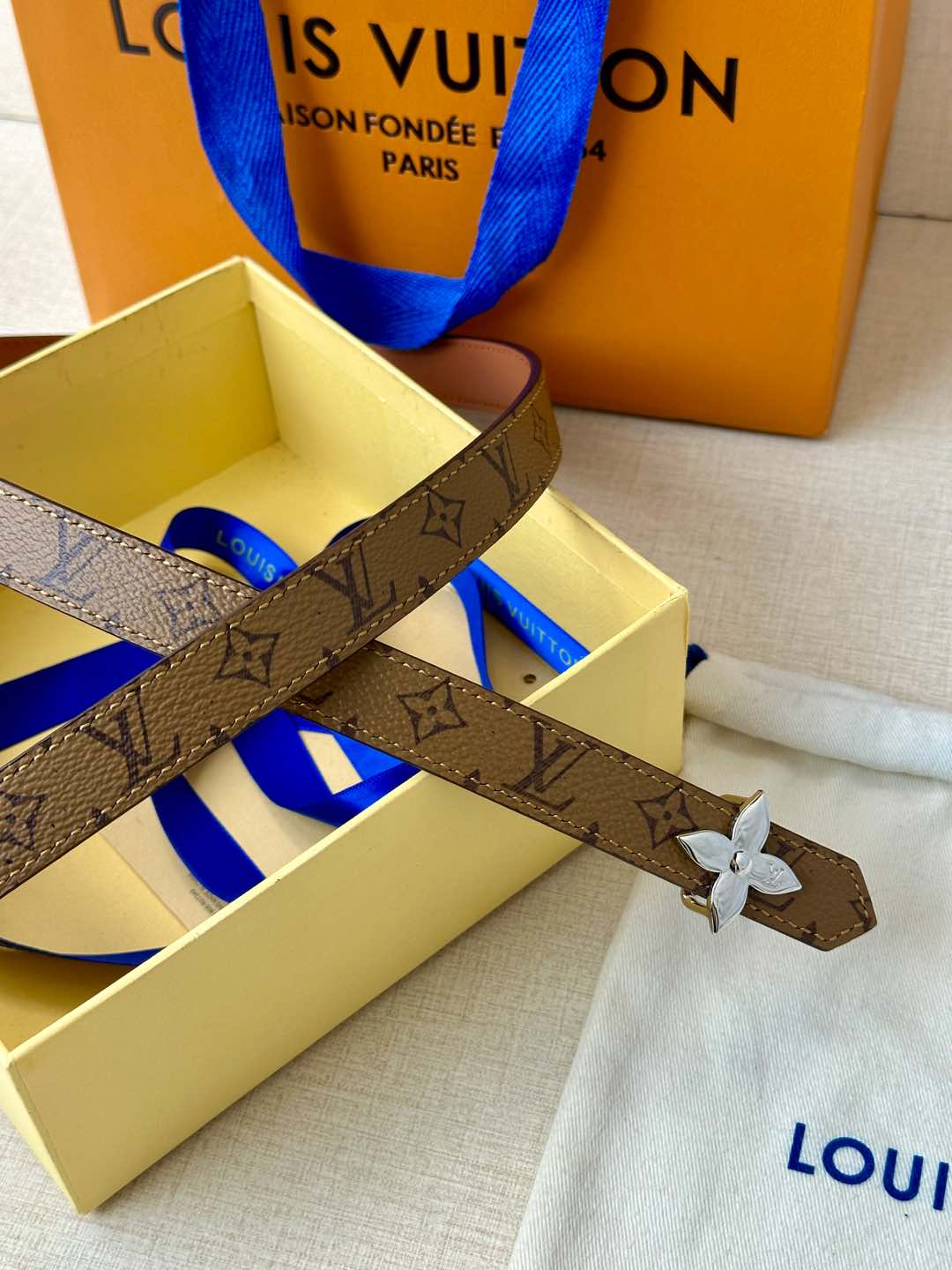 LV Flowergram 20mm Reversible Belt Brown Calfskin