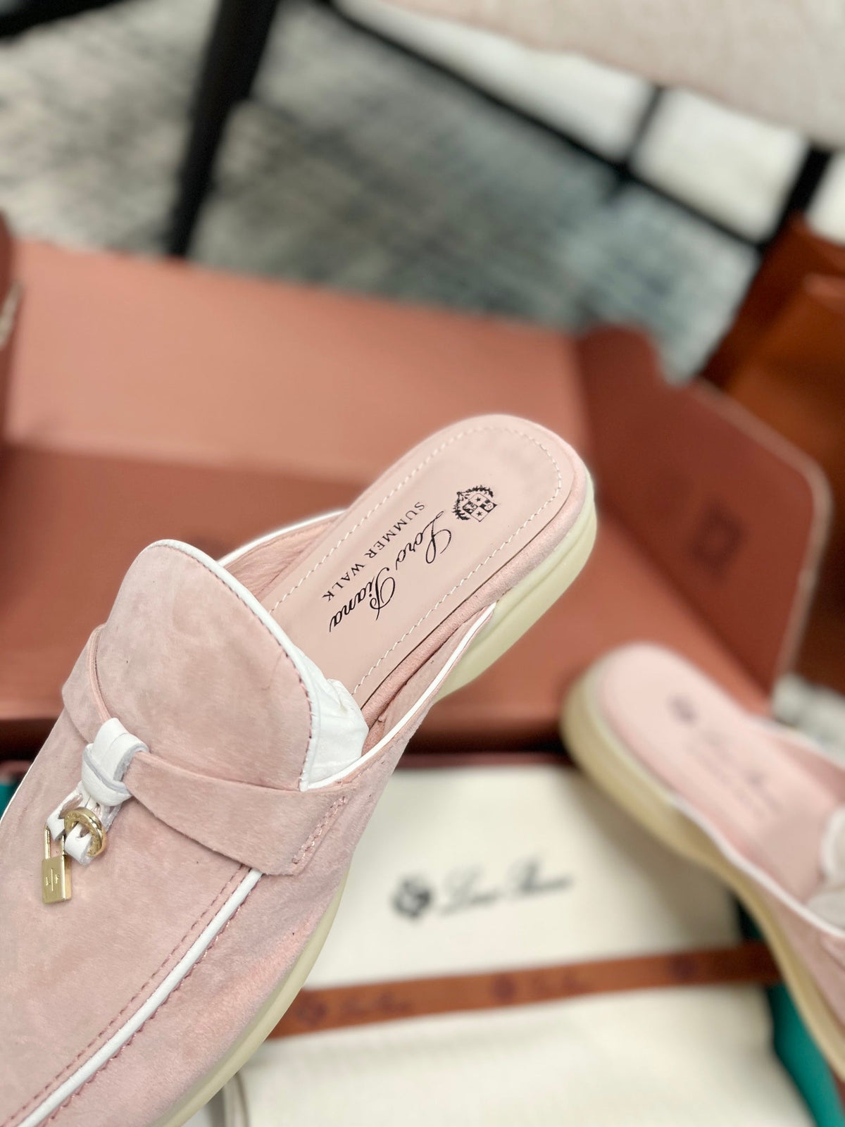 Loro Piana Light Pink White Suede Charms Walk Flat Mules