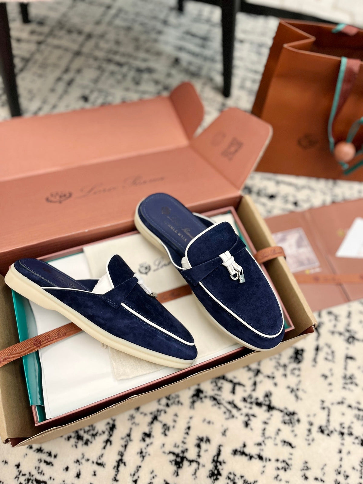 Loro Piana Navy White Suede Charms Walk Flat Mules