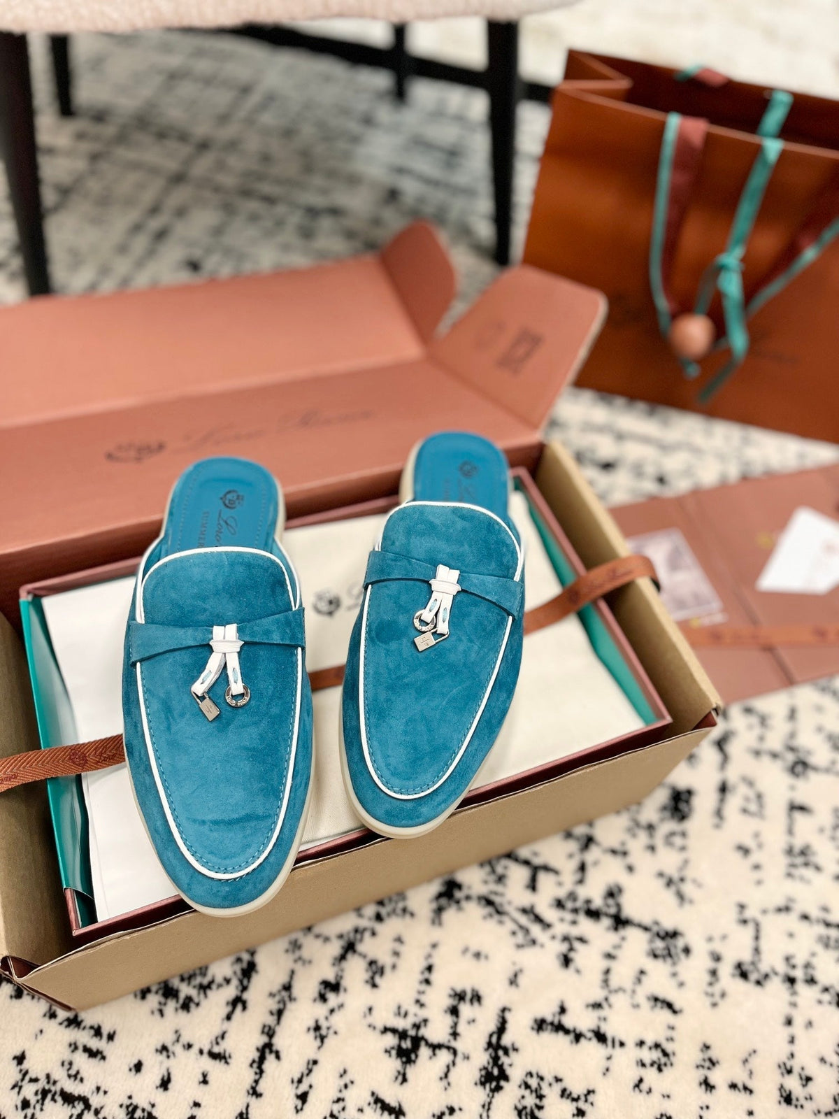 Loro Piana Ocean Blue White Suede Charms Walk Flat Mules