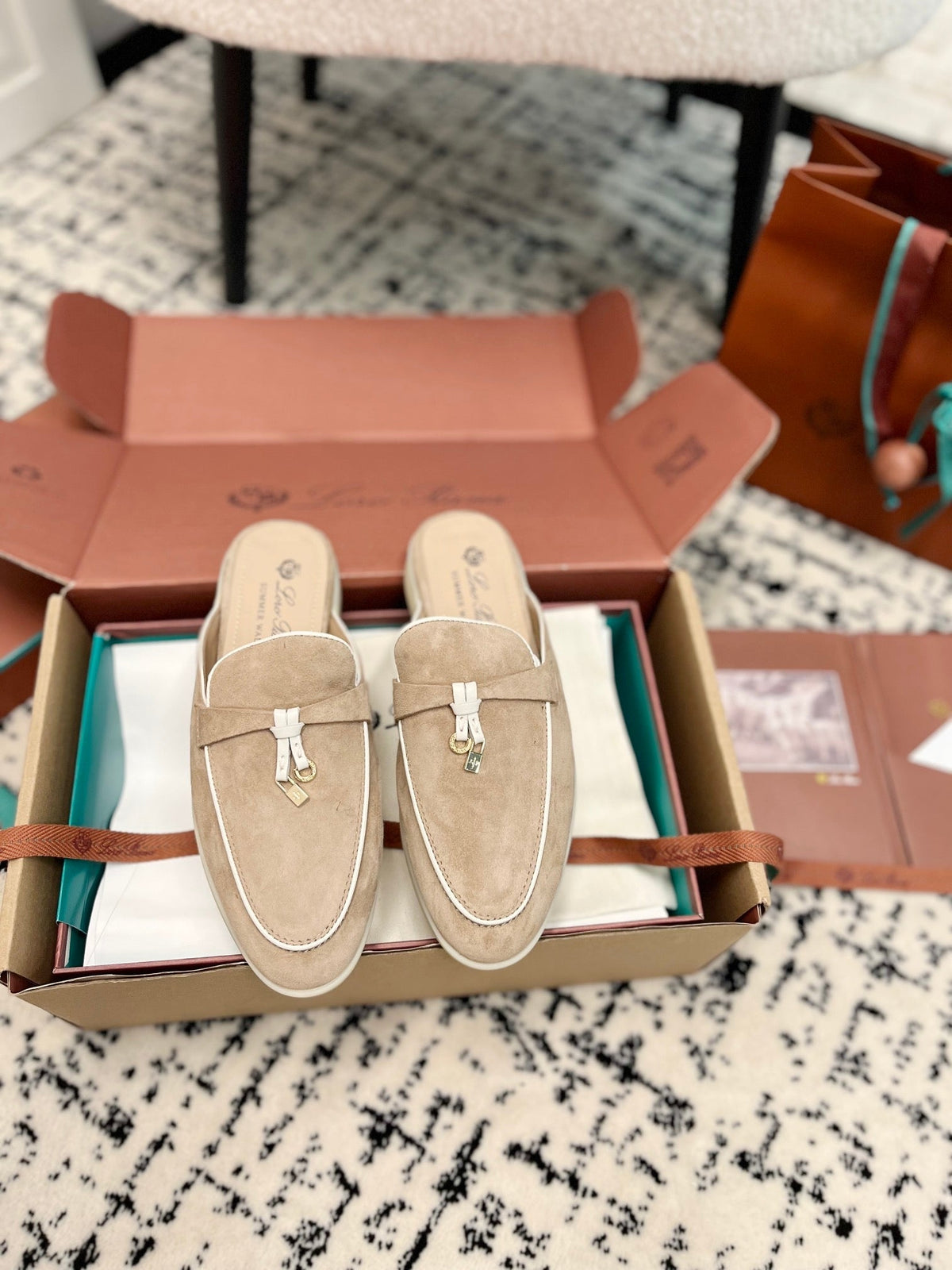 Loro Piana Beige White Suede Charms Walk Flat Mules