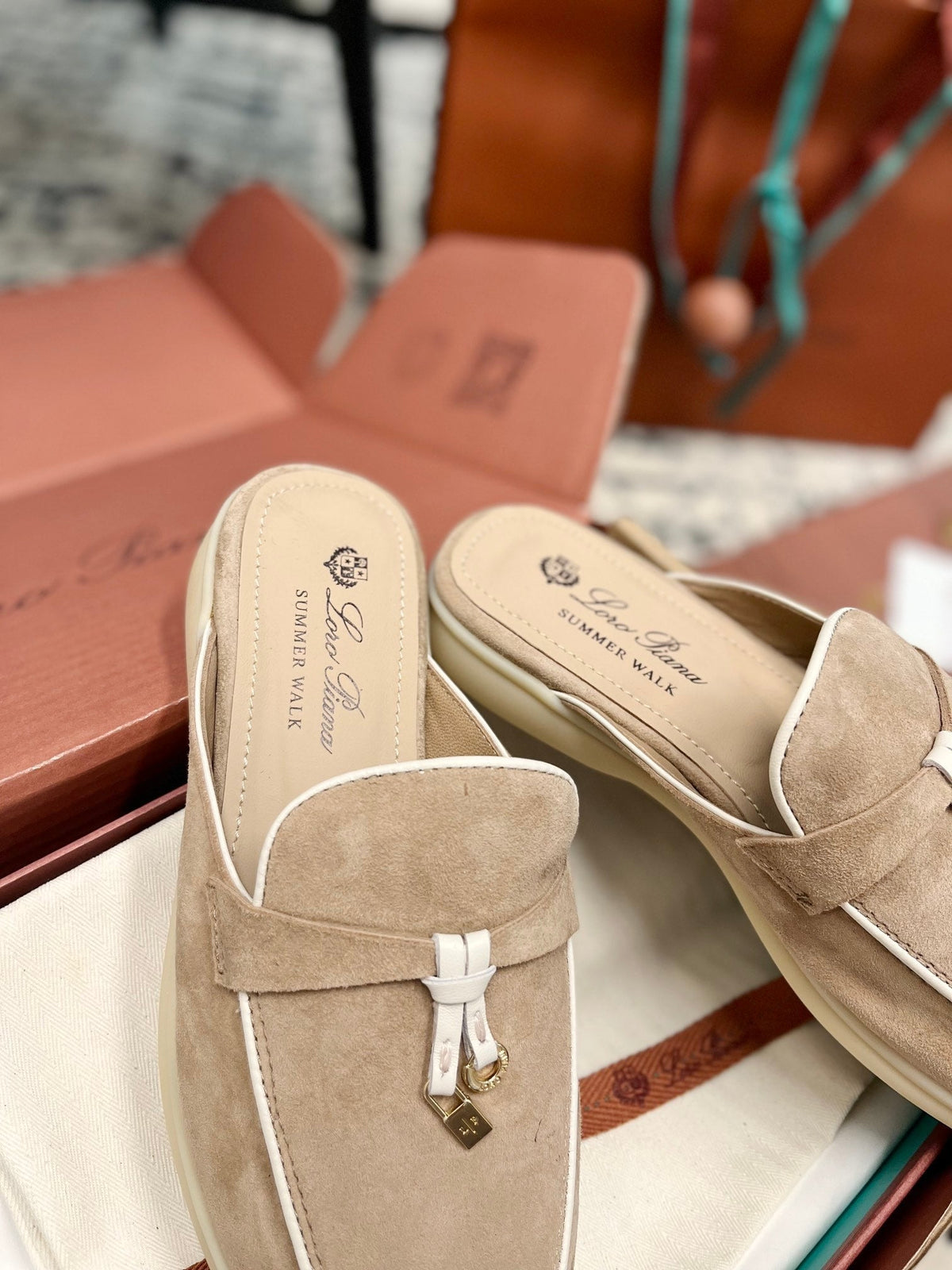 Loro Piana Beige White Suede Charms Walk Flat Mules