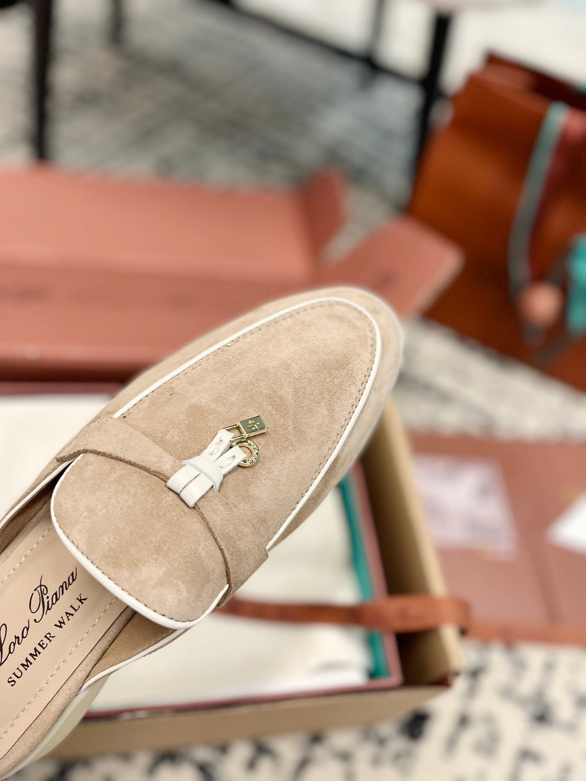 Loro Piana Beige White Suede Charms Walk Flat Mules