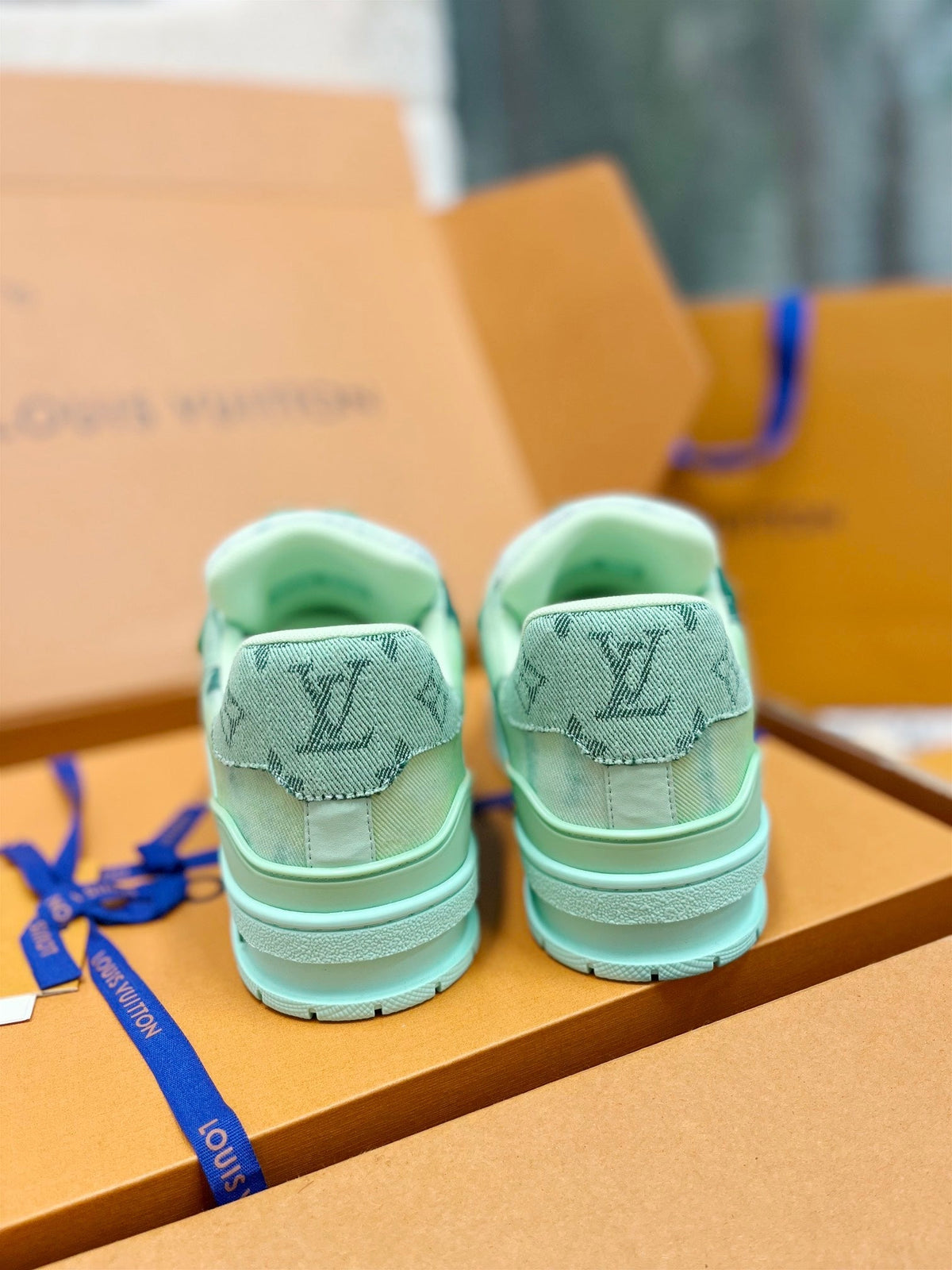 LV Trainer Sneaker Green Denim Fabric