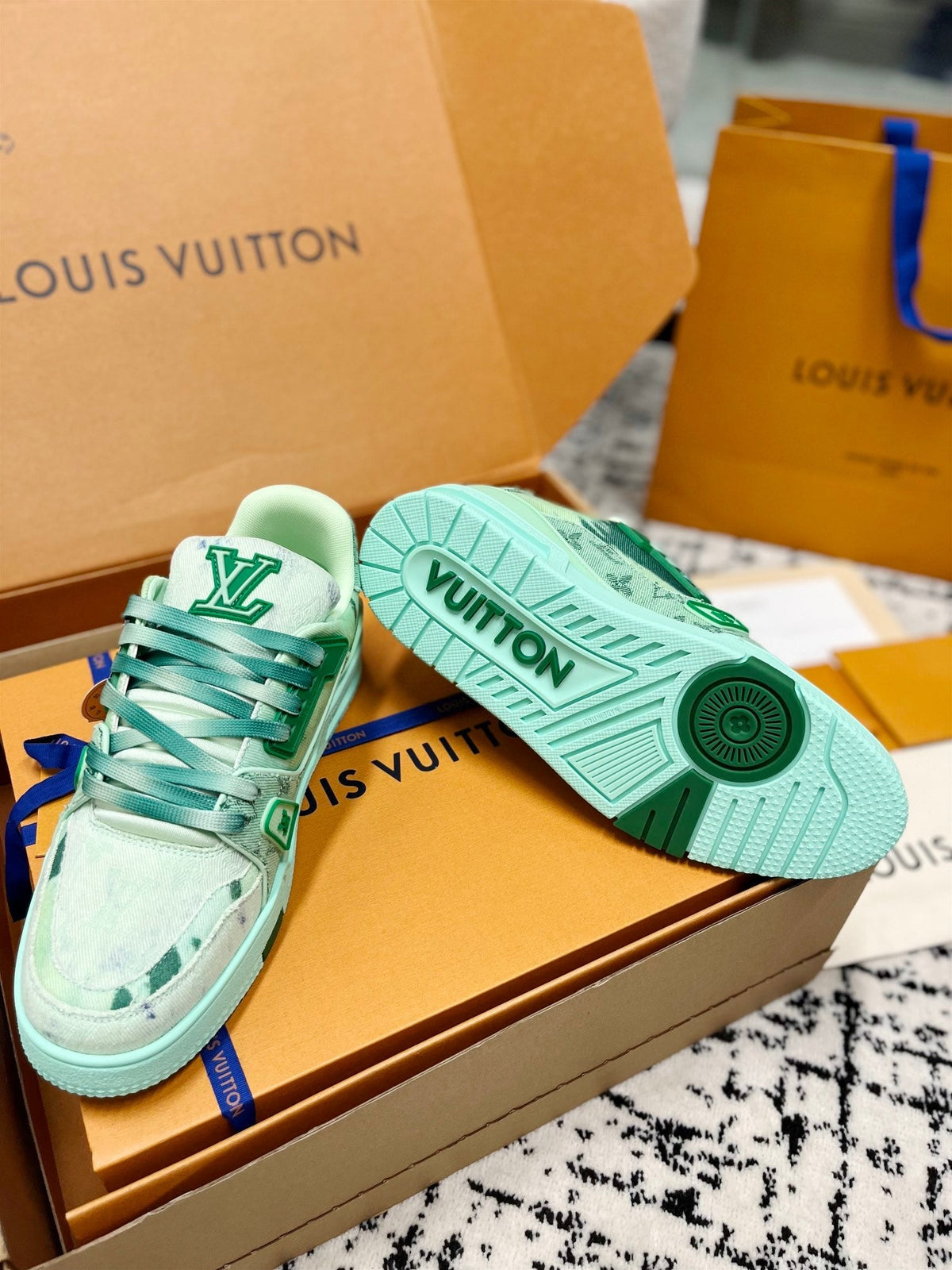 LV Trainer Sneaker Green Denim Fabric