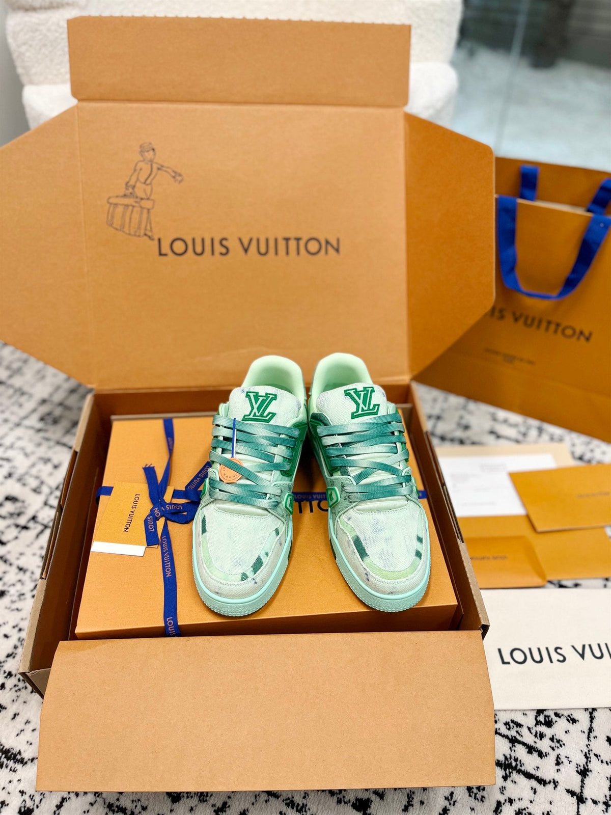 LV Trainer Sneaker Green Denim Fabric