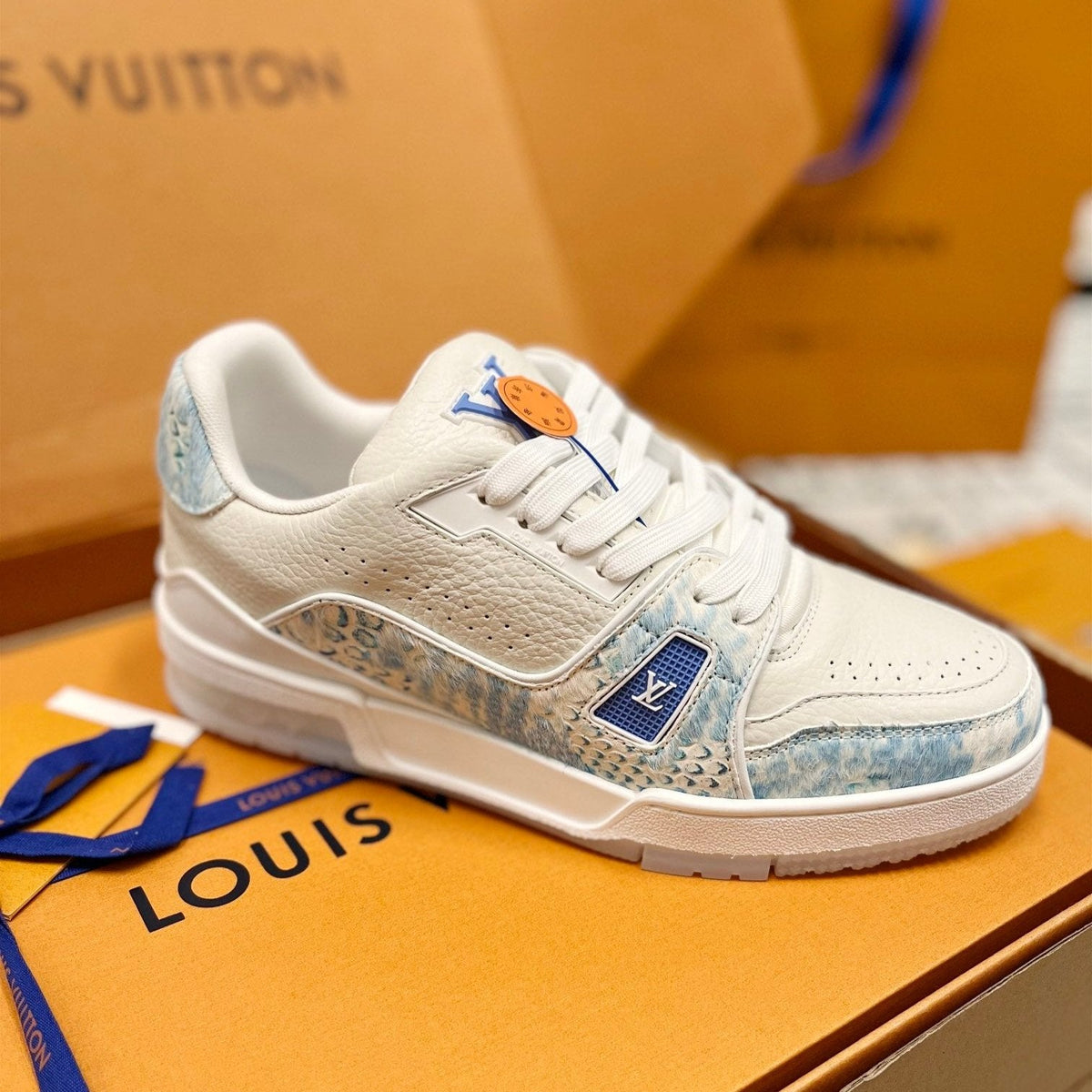 LV Trainer Sneaker White Mix Light Blue Cowhide
