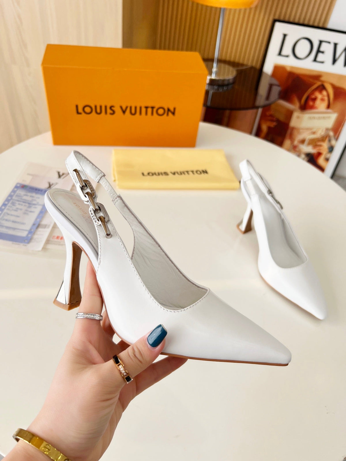 LV Spake Slingback with Chain 8.5CM White Calfskin 218291