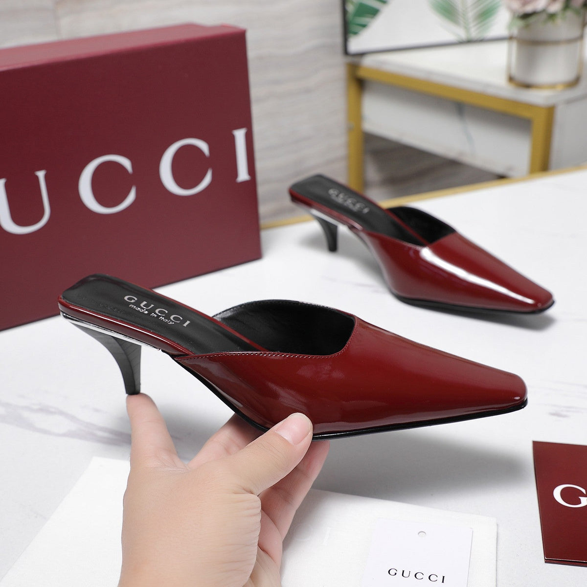 GG 26ss High Heel Mule 60 Dark Red Sheepskin 601086
