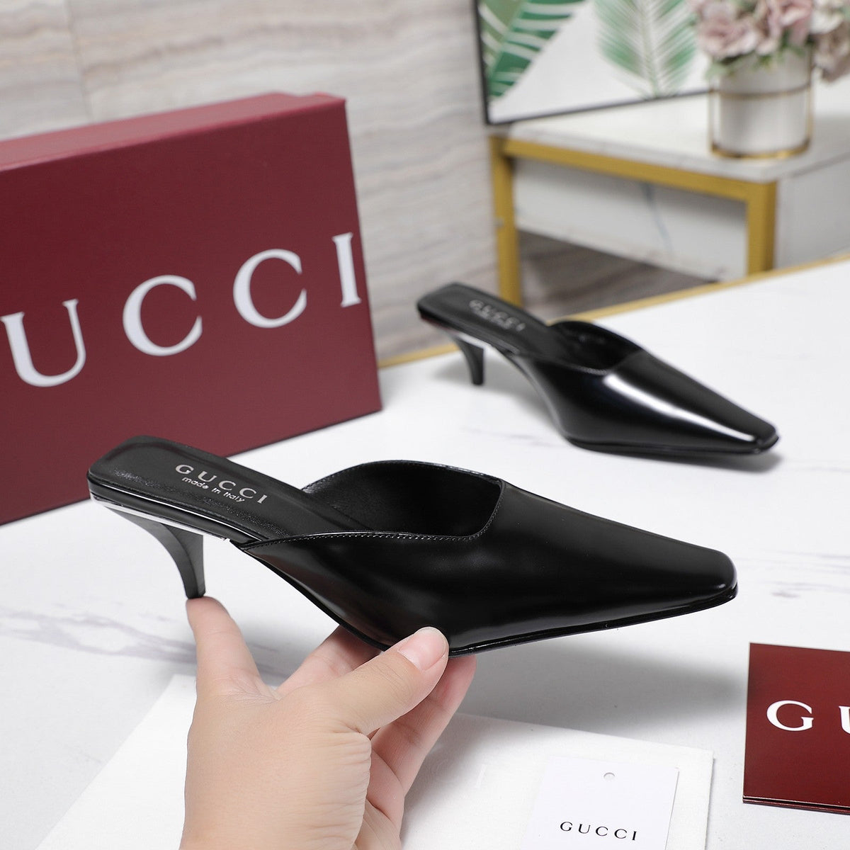 GG 26ss High Heel Mule 60 Black Sheepskin 601088