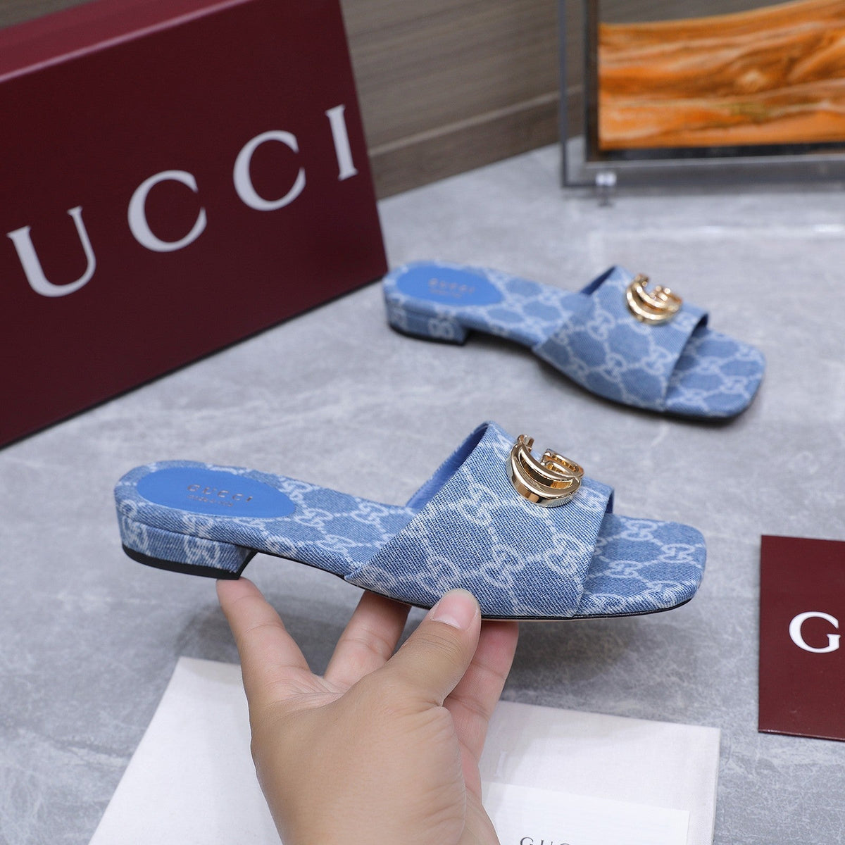 Gucci 2026 Horsebit GG Sandals Denim 758699