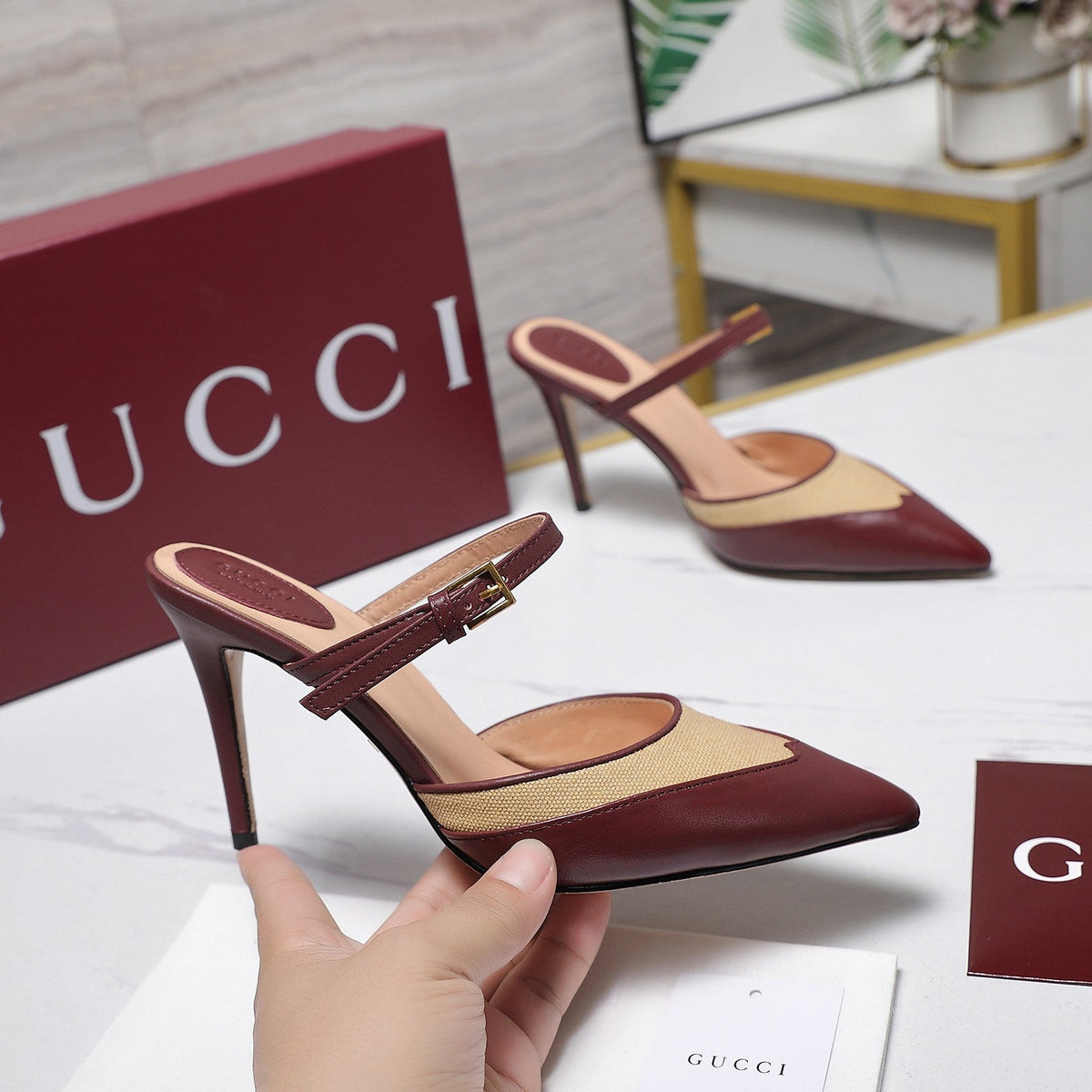 Gucci 2026 Stiletto Slingback Pumps 95mm Canvas Leather 758561