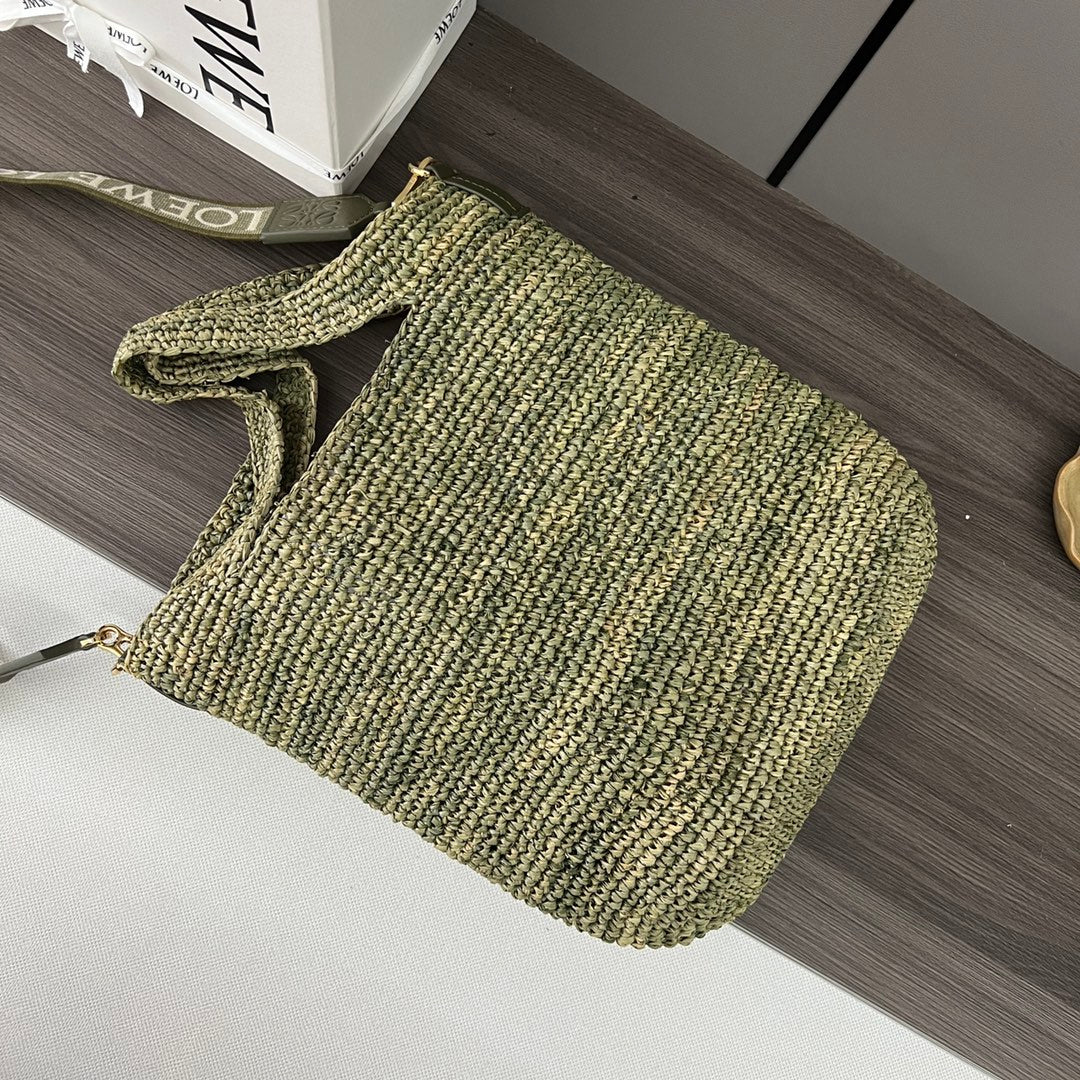 Loewe Slit Handbag Tea Green Raffia Cowhide 254114