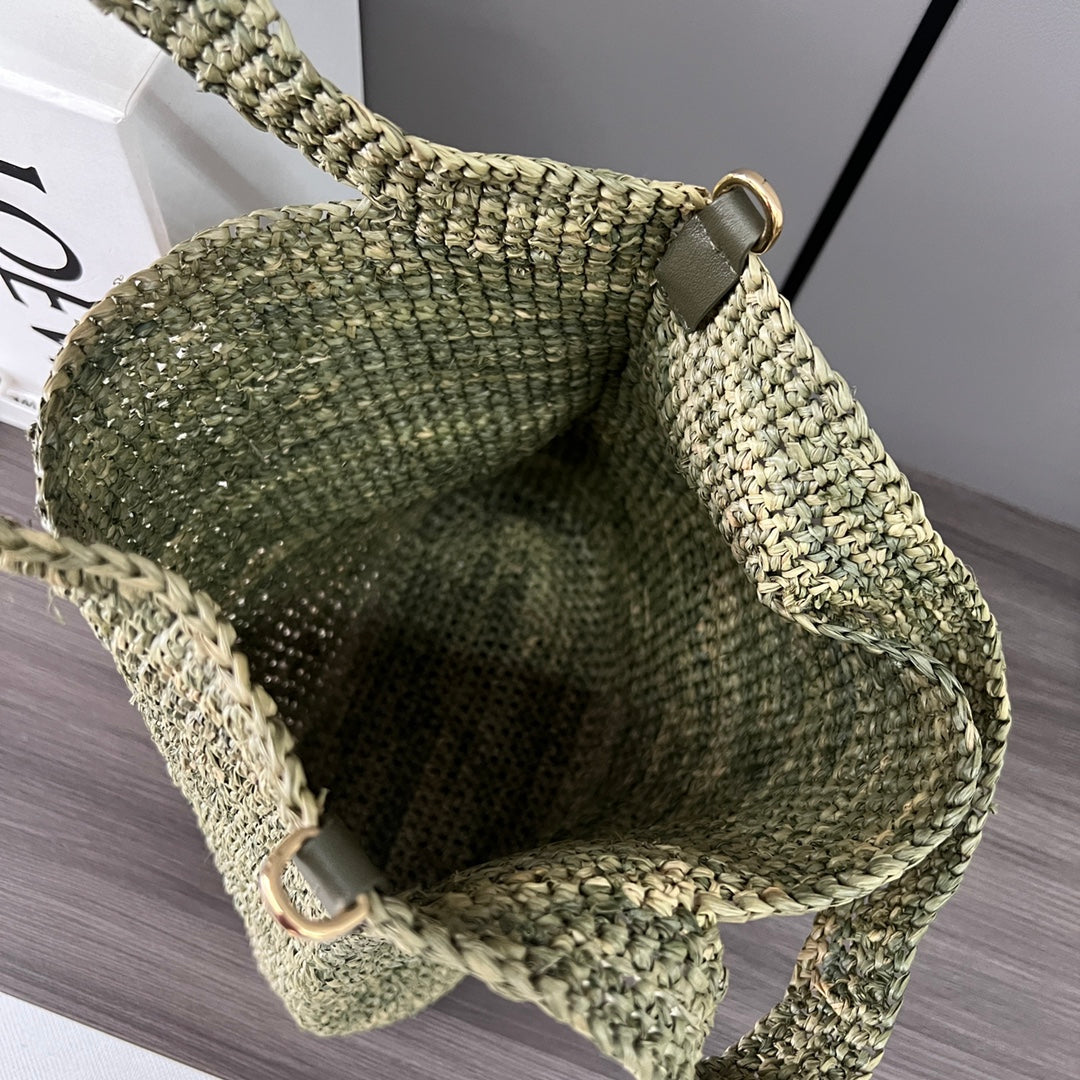 Loewe Slit Handbag Tea Green Raffia Cowhide 254114