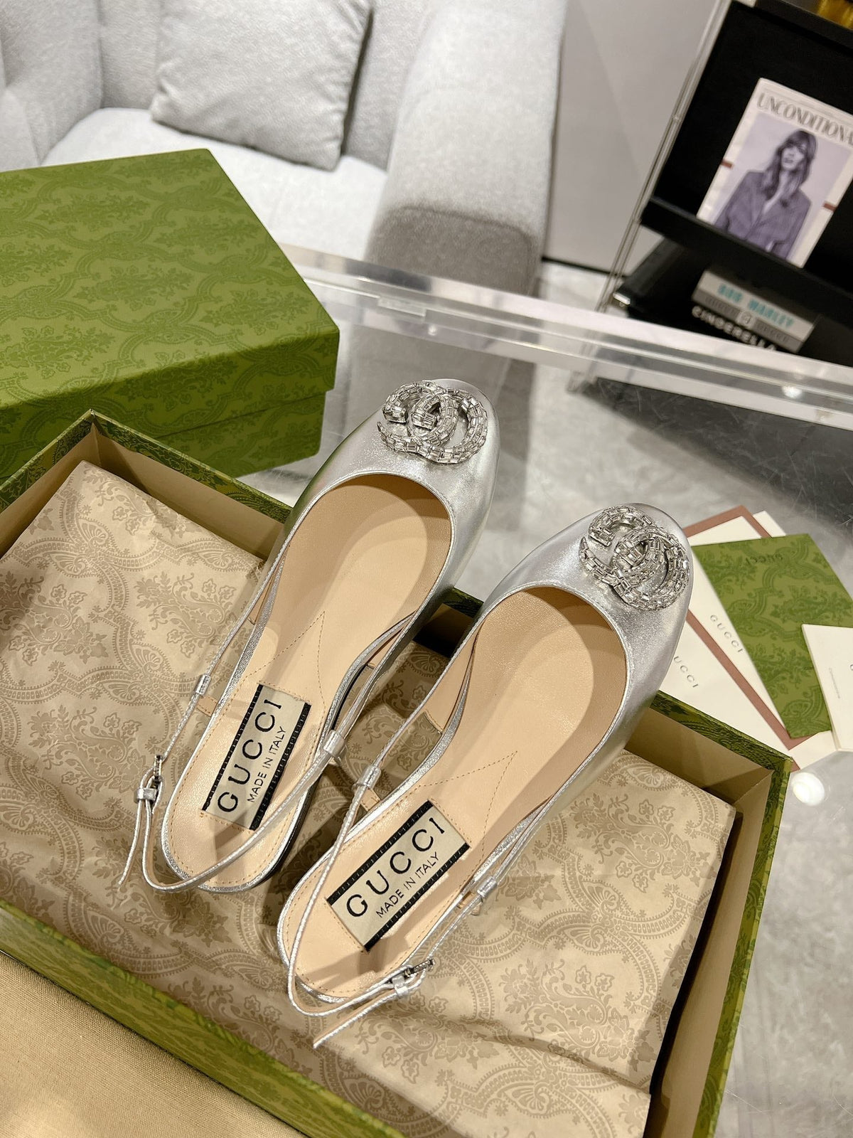 GG CRYSTALS SLINGBACK BALLET SILVER CALFSKIN