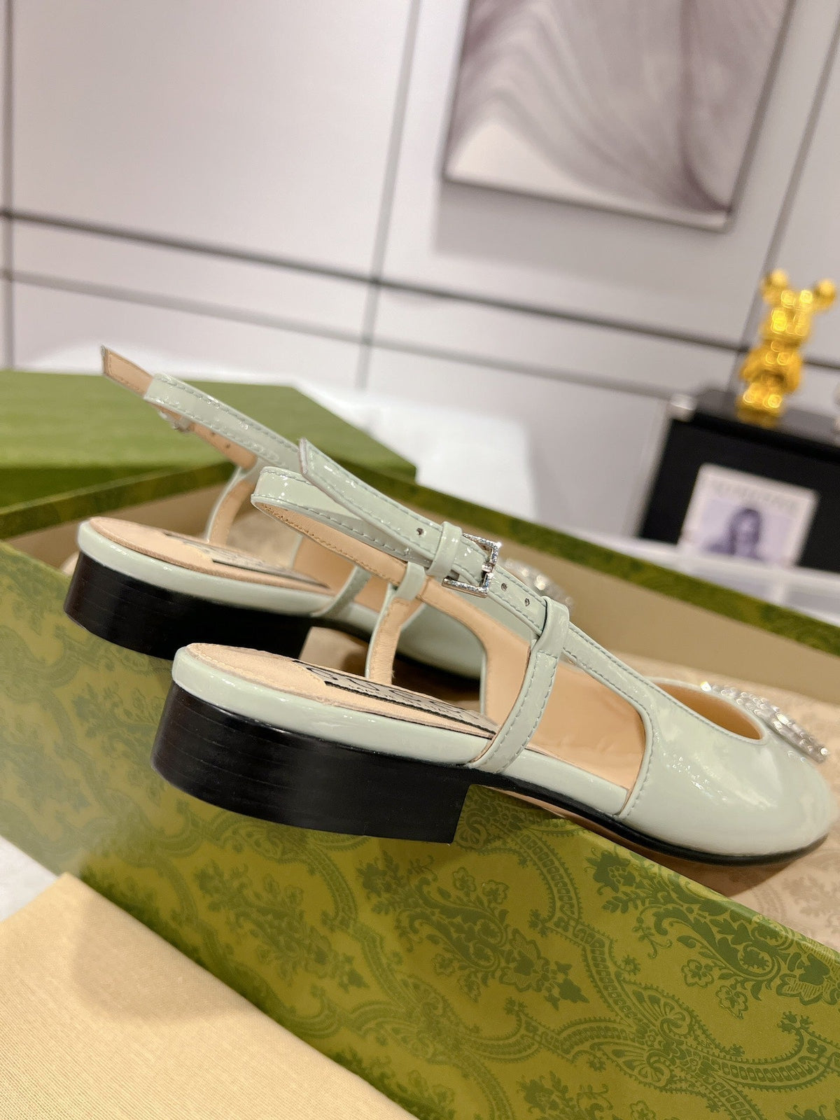 GG CRYSTALS SLINGBACK BALLET SAGE CALFSKIN