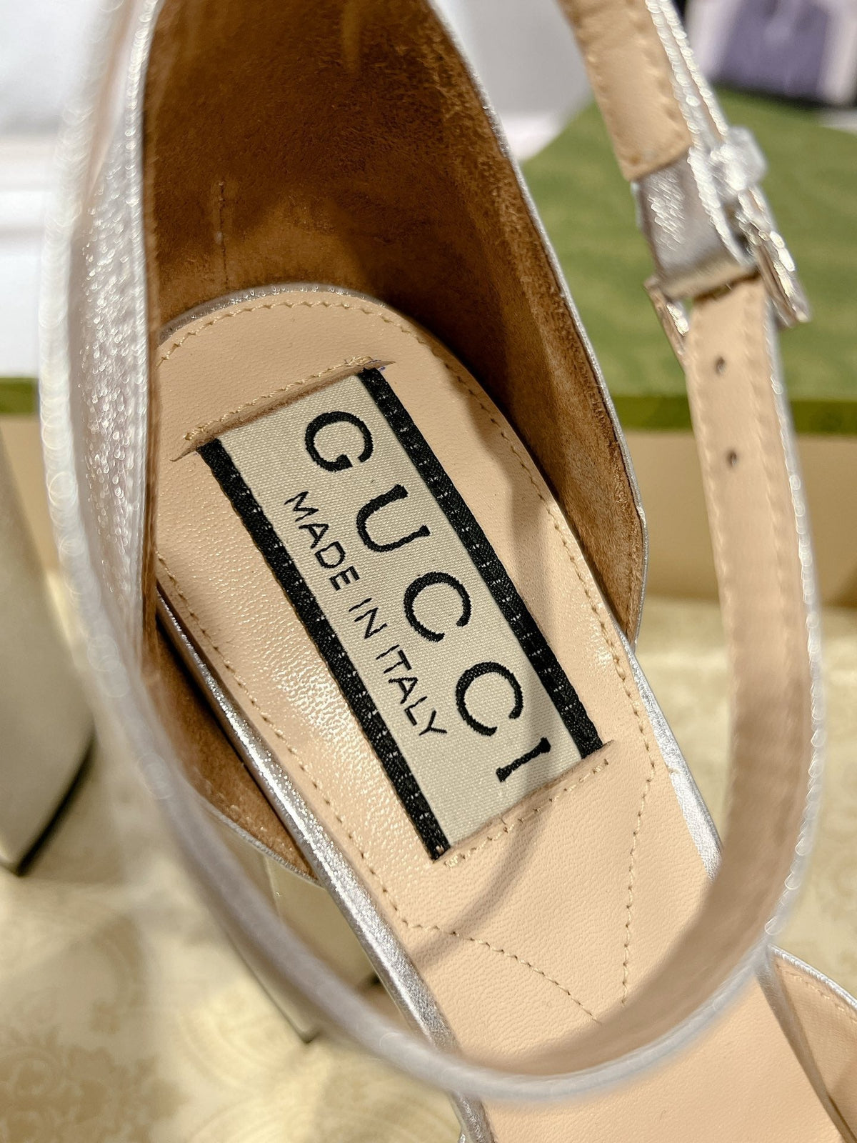 GG CRYSTALS PLATFORM PUMPS SILVER CALFSKIN