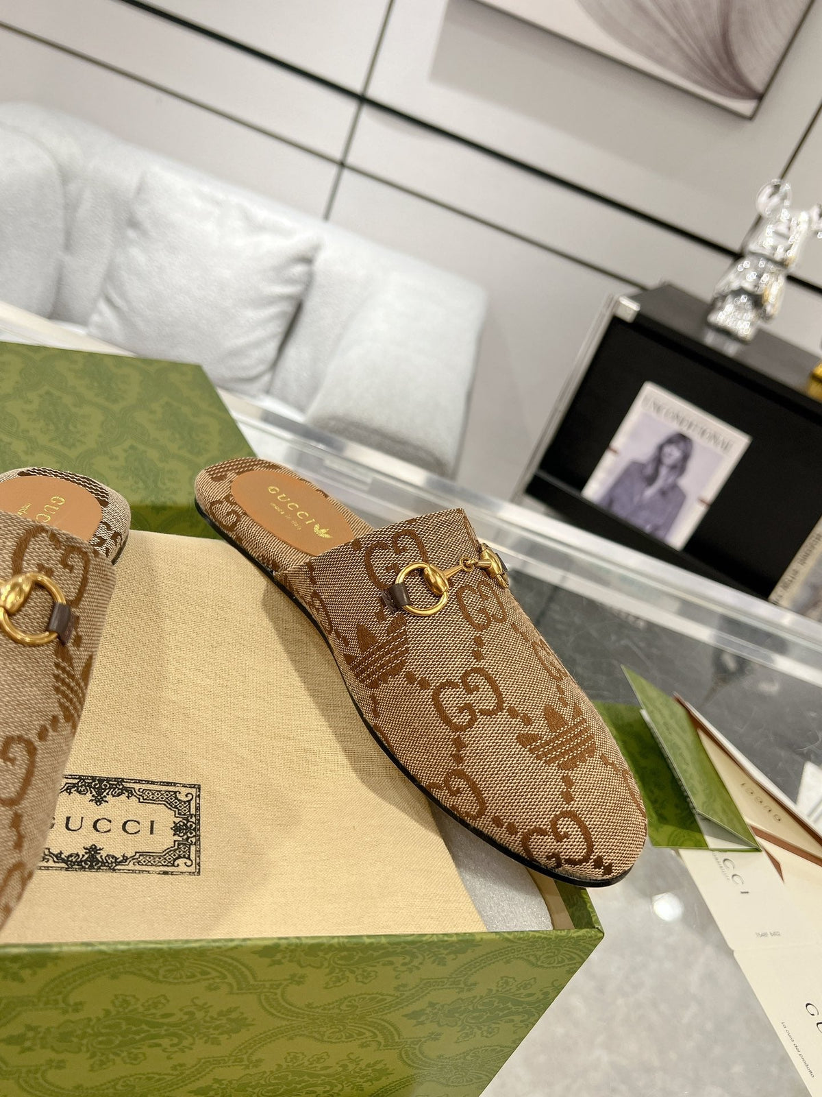 GG & ADIDAS MULE HORSEBIT BUCKLE LIGHT BROWN CANVAS