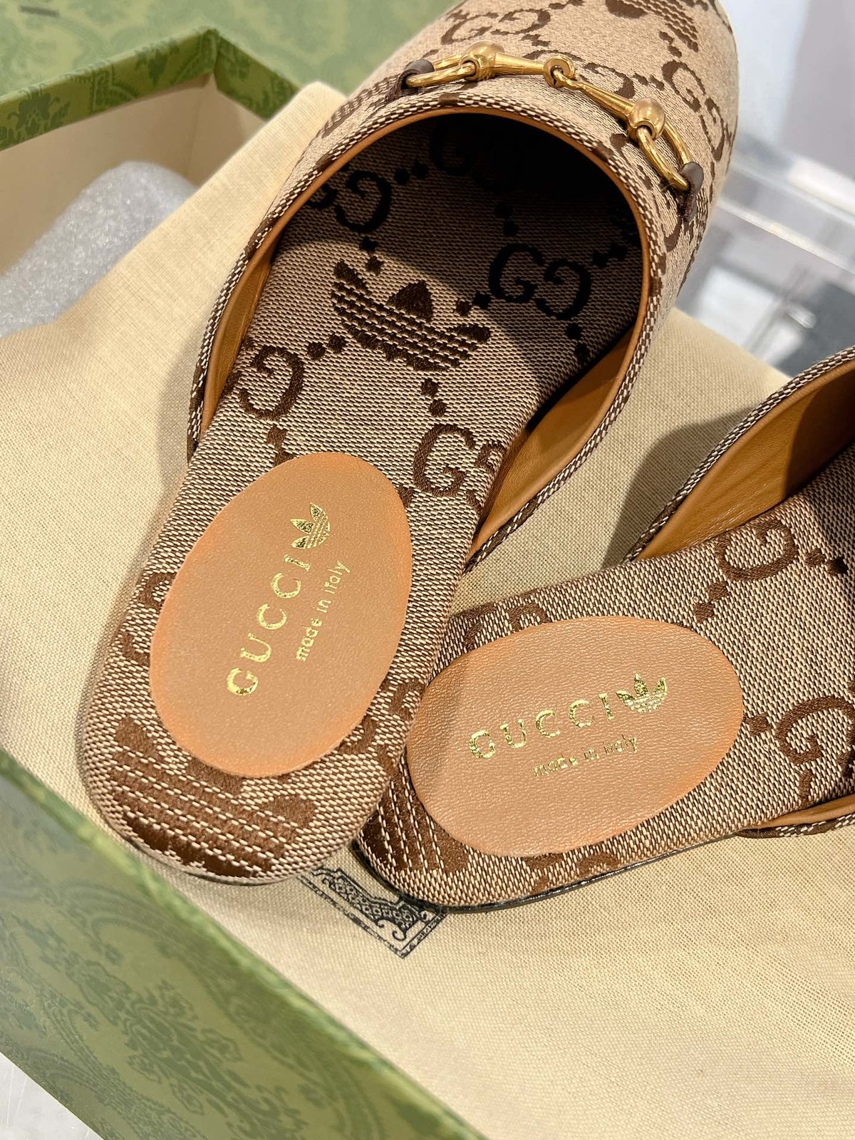 GG & ADIDAS MULE HORSEBIT BUCKLE LIGHT BROWN CANVAS
