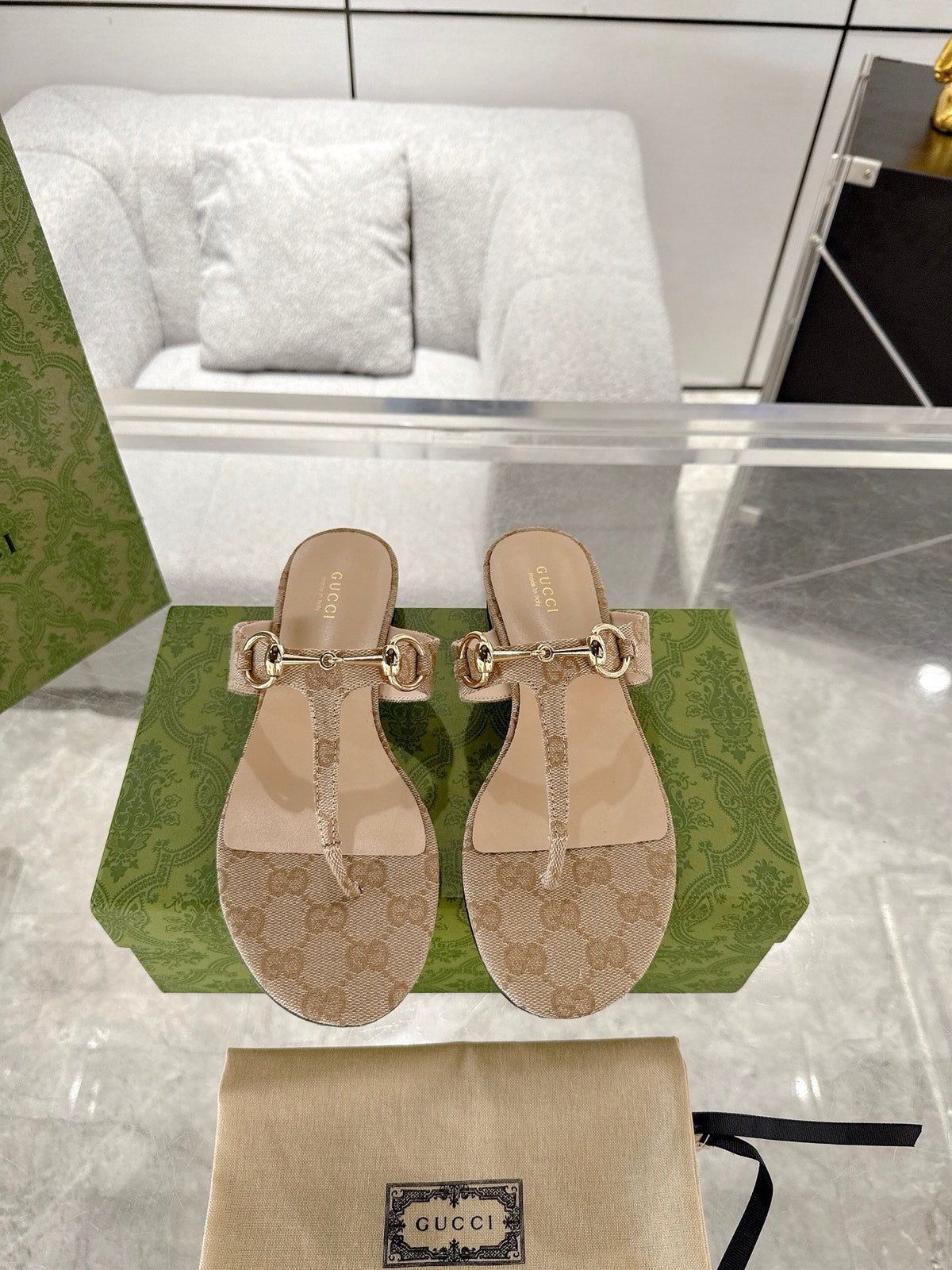 GC Horsebit Thong Sandals Beige Canvas Leather 292475