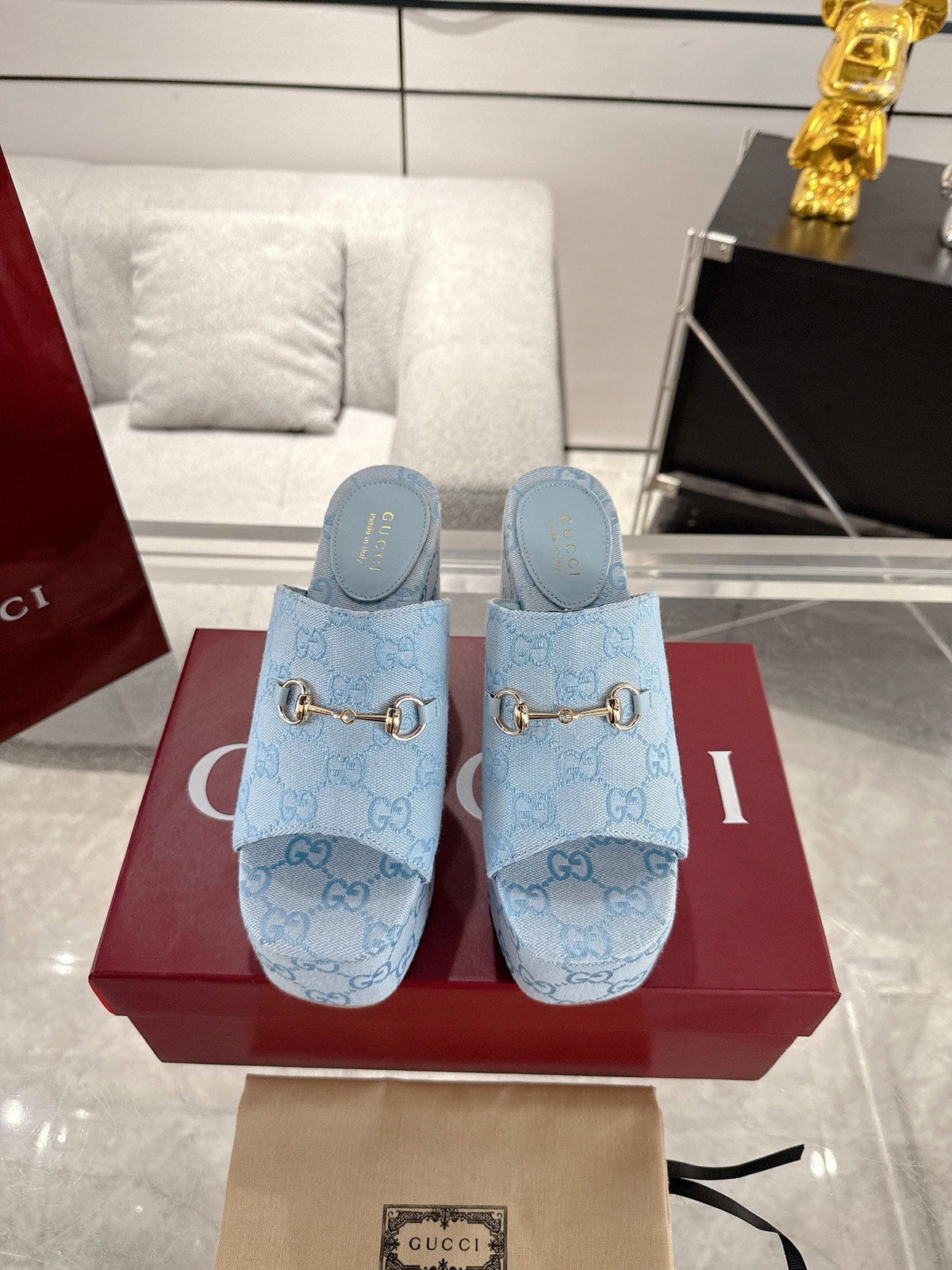 GC Wedge With Horsebit Sandal Light Blue Canvas 292421