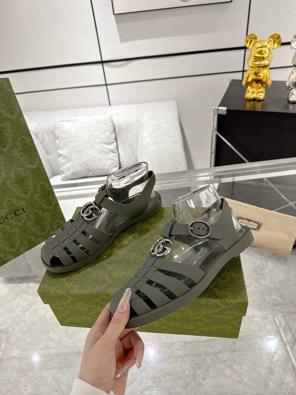GC 25 Silver Double G Sandal Dark Green Rubber 292429