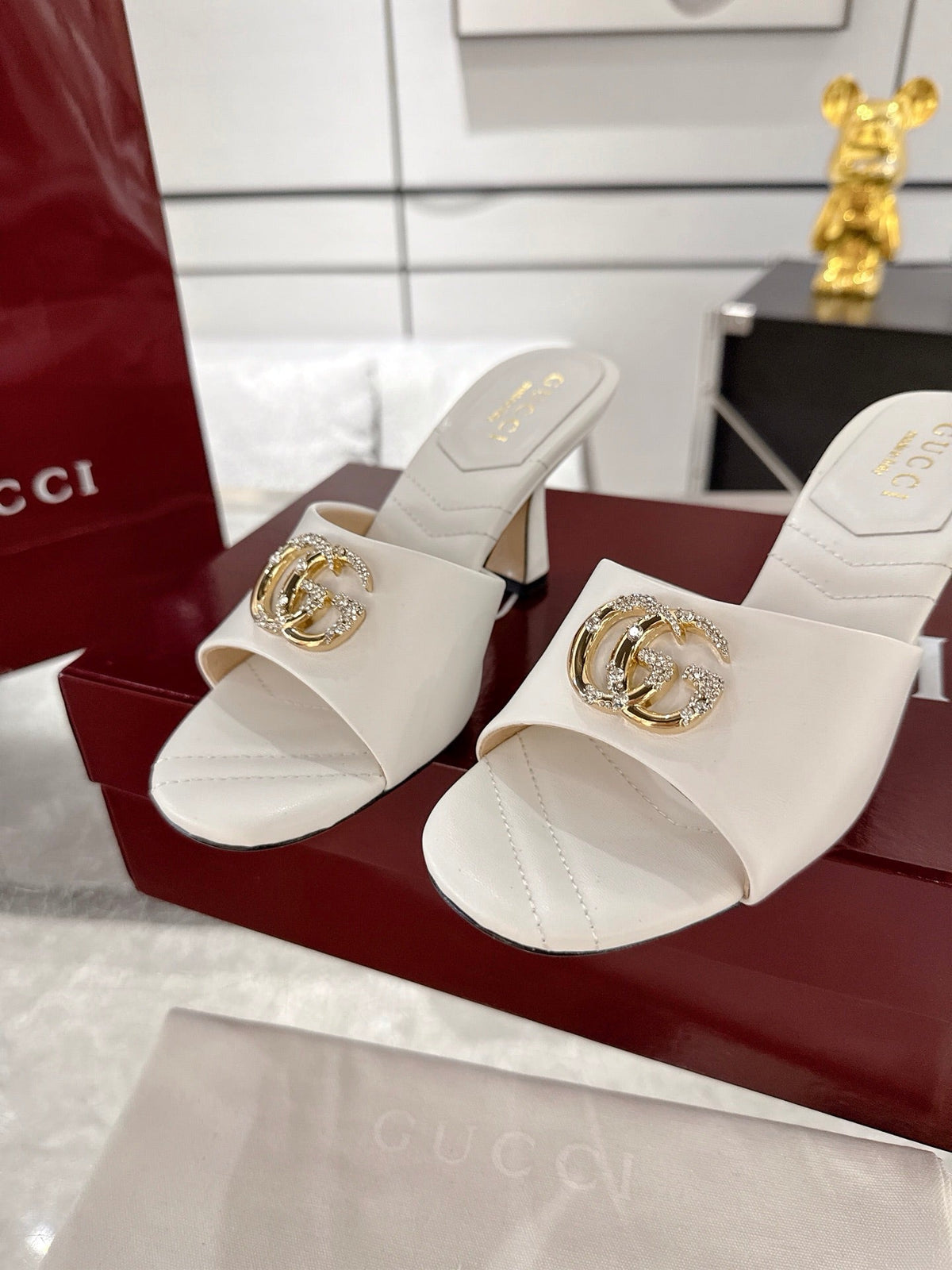 GC 2025 Double G High Heel Sandals White Sheepskin 292468
