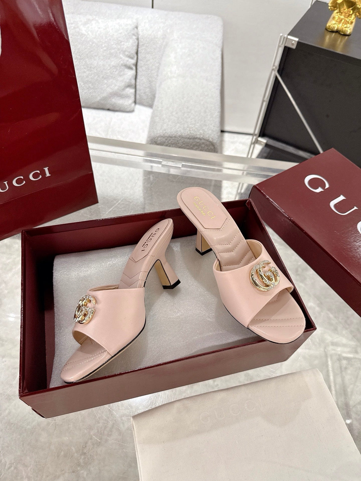 GC 2025 Double G High Heel Sandals Pink Sheepskin 292471