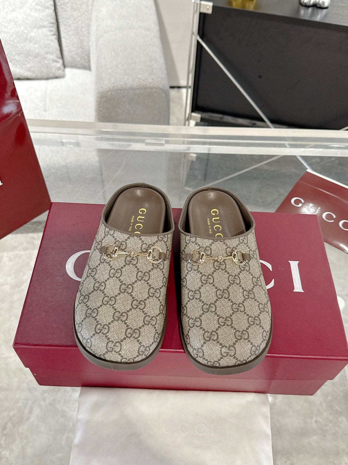 GC 25 Horsebit Mule Beige Ebony Monogram Canvas