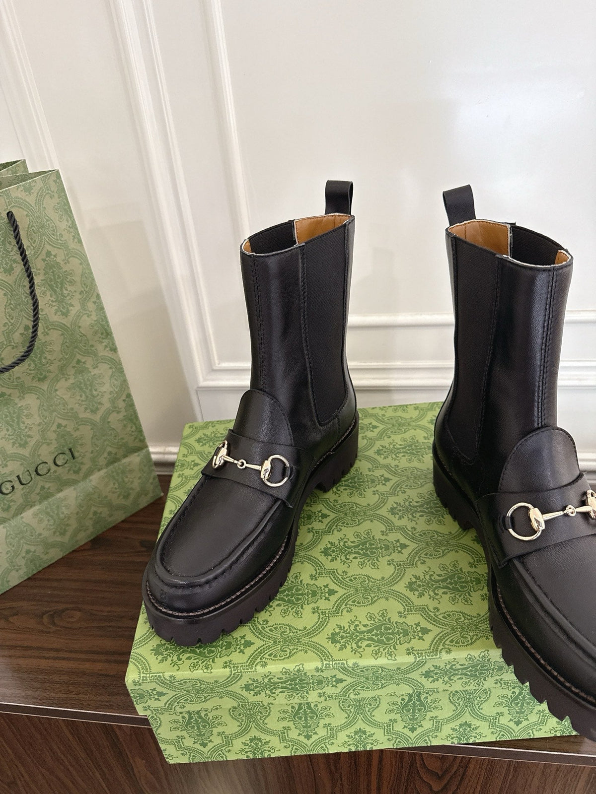 Gucci Horsebit Ankle Boots Black Sheepskin Fabric 490530