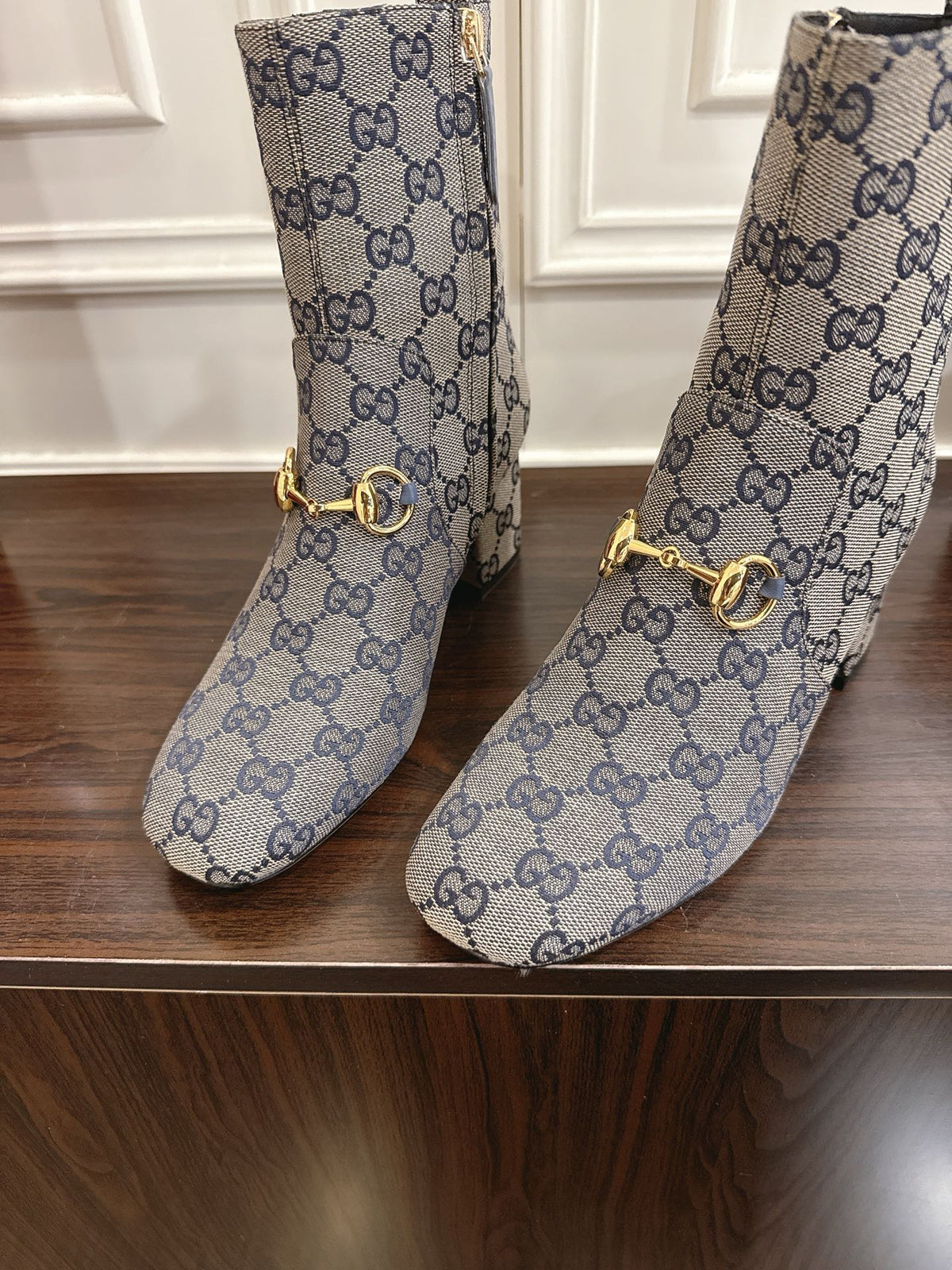 Gucci Horsebit Chunky Heel Ankle Boots Blue Ebony Cowhide Fabric 490558