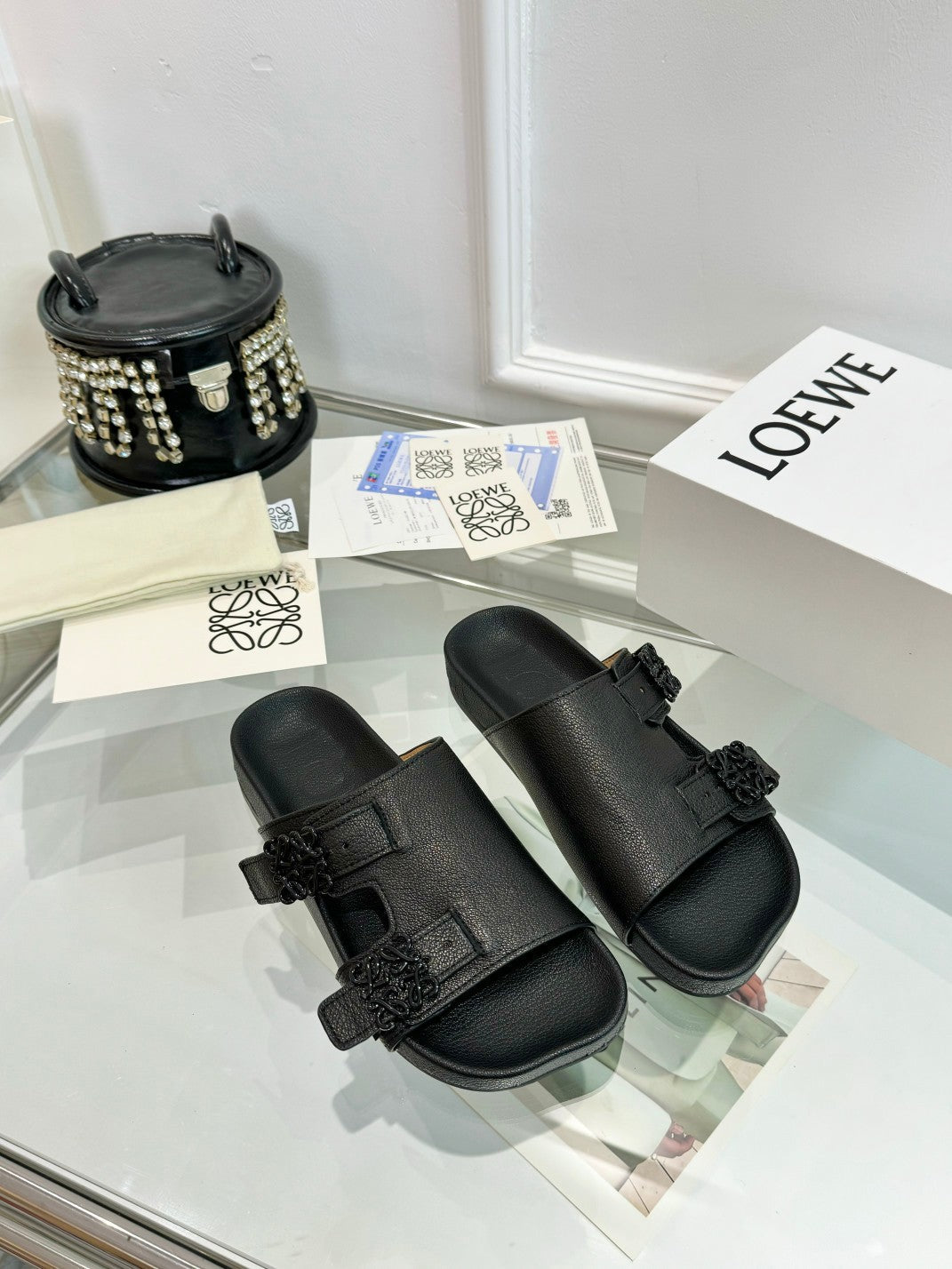 Loewe Ease Leather Slide Black Sheepskin