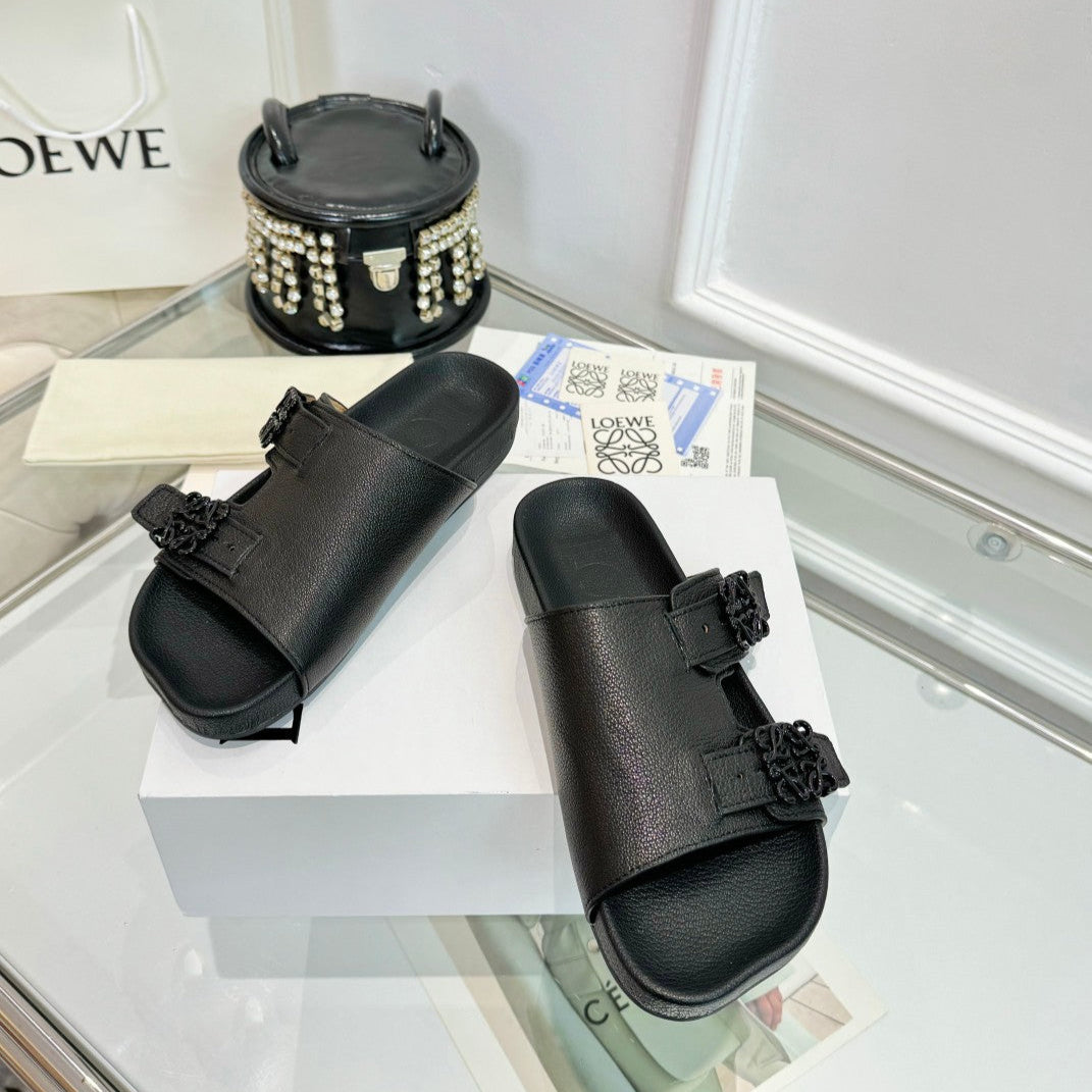 Loewe Ease Leather Slide Black Sheepskin
