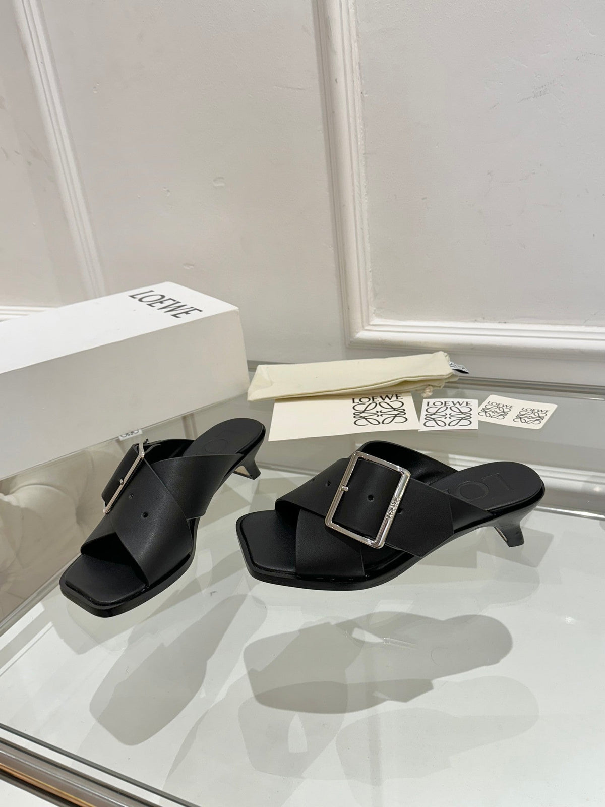 Loewe Petal Belt Mule Black Cowhide 246575